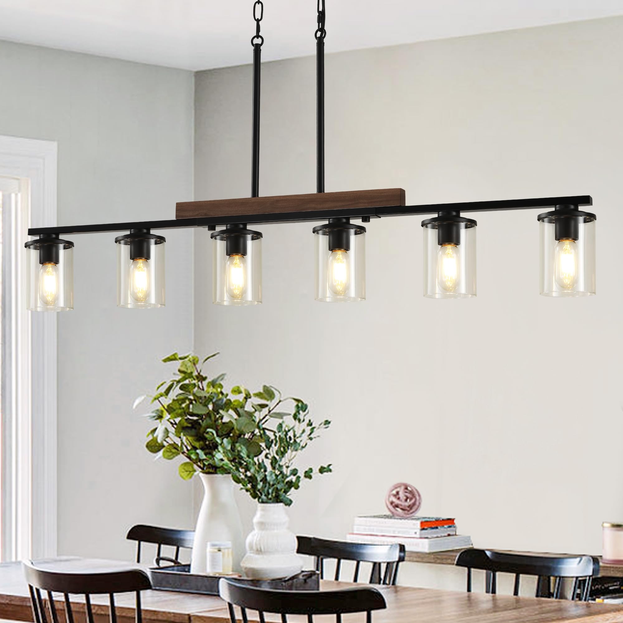 47.2 Kitchen Island Light Fixtures, 6-Light Dining Room Light Fixture Chandelier Over Table, Black Modern Rustic Wood Ceiling 