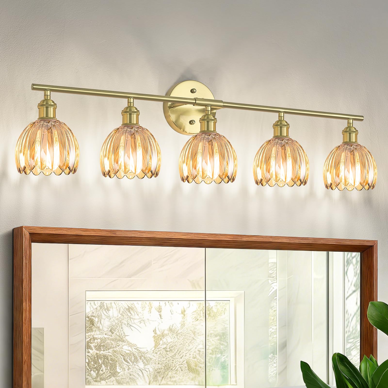 Kvhiiw Vintage Bathroom Light Fixtures,5-Light Hardwired Vanity Lights with Amber Tulip Glass Shade,Gold Bathroom Vanity Light f