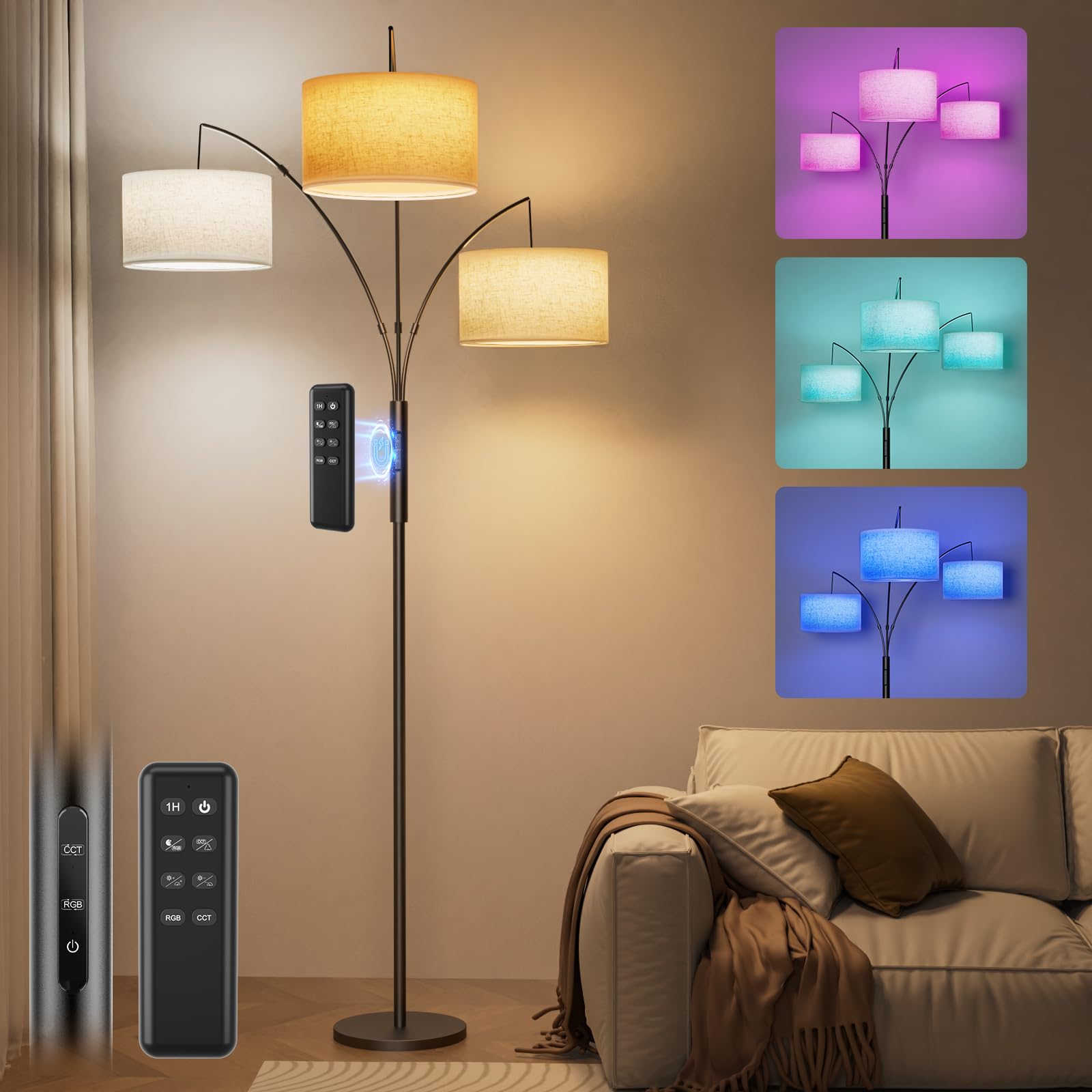SIBRILLE 36W RGB Arc Floor Lamp with 3 Fabric Shades, 3000LM Super Bright Standing Lamp with Remote Control & Touch, Stepless Di