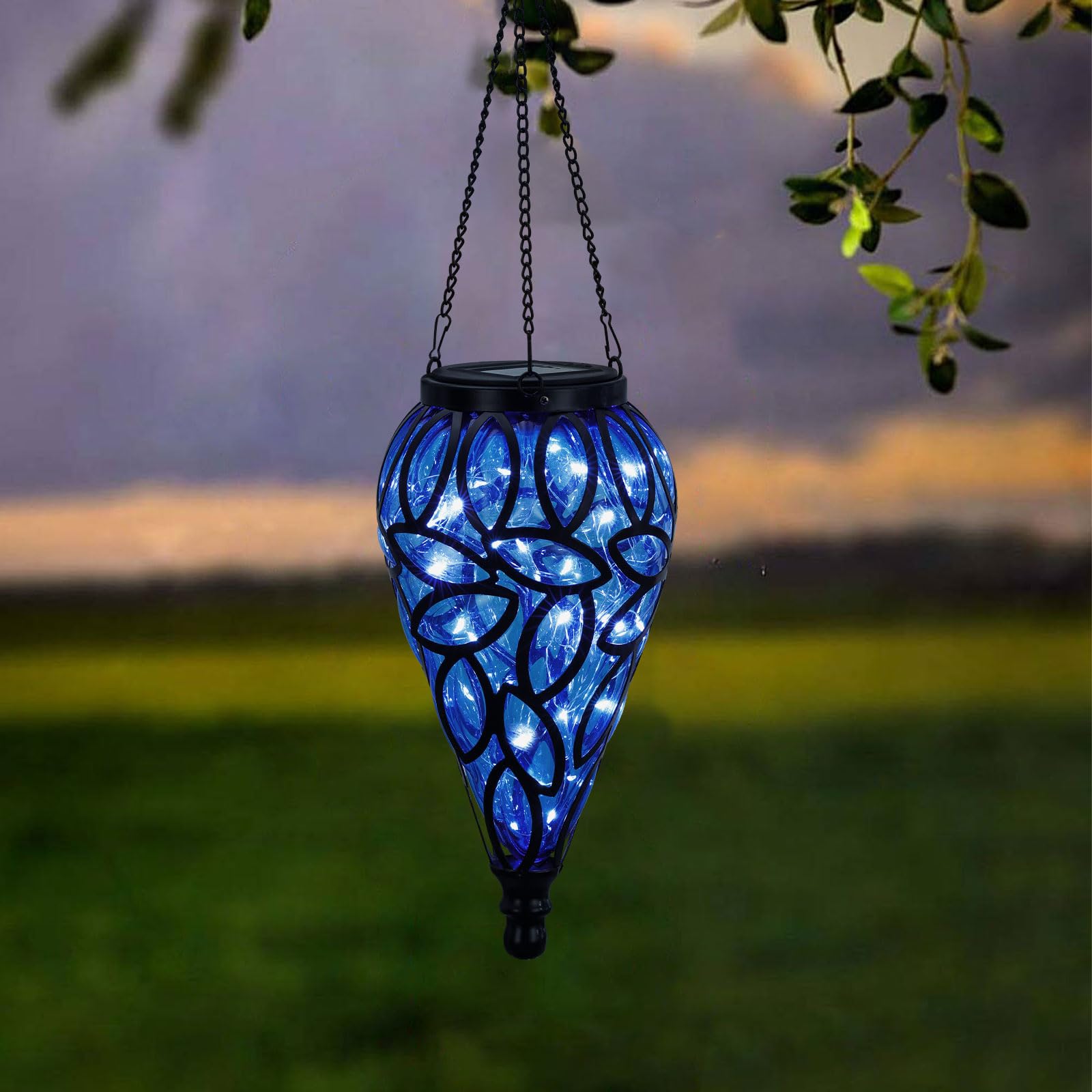 LEWIS&WAYNE Solar Hanging Lantern - Tear-Shaped 15 LEDs Cool White Outdoor Lights with S Hooks, Blue for Garden, Yard, and Pathway