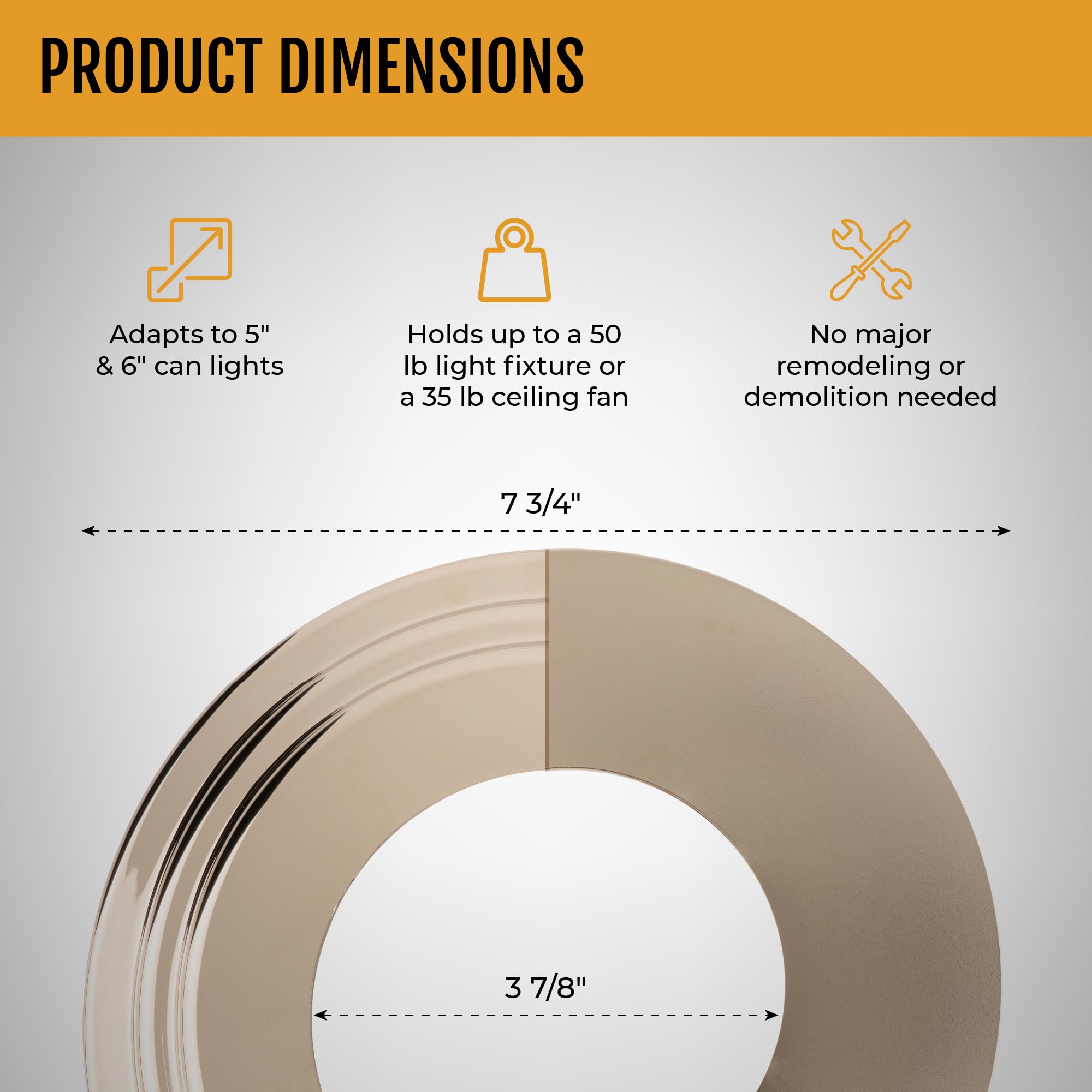 The Can Converter - R56, Complete Recessed Can Light Conversion Kit, For Ceiling Light Fixture, Pendant Light, Hanging Light, Ceiling Fan, 7¾ Beveled & Flat, Steel, Ceiling Medallion, Polished Nickel