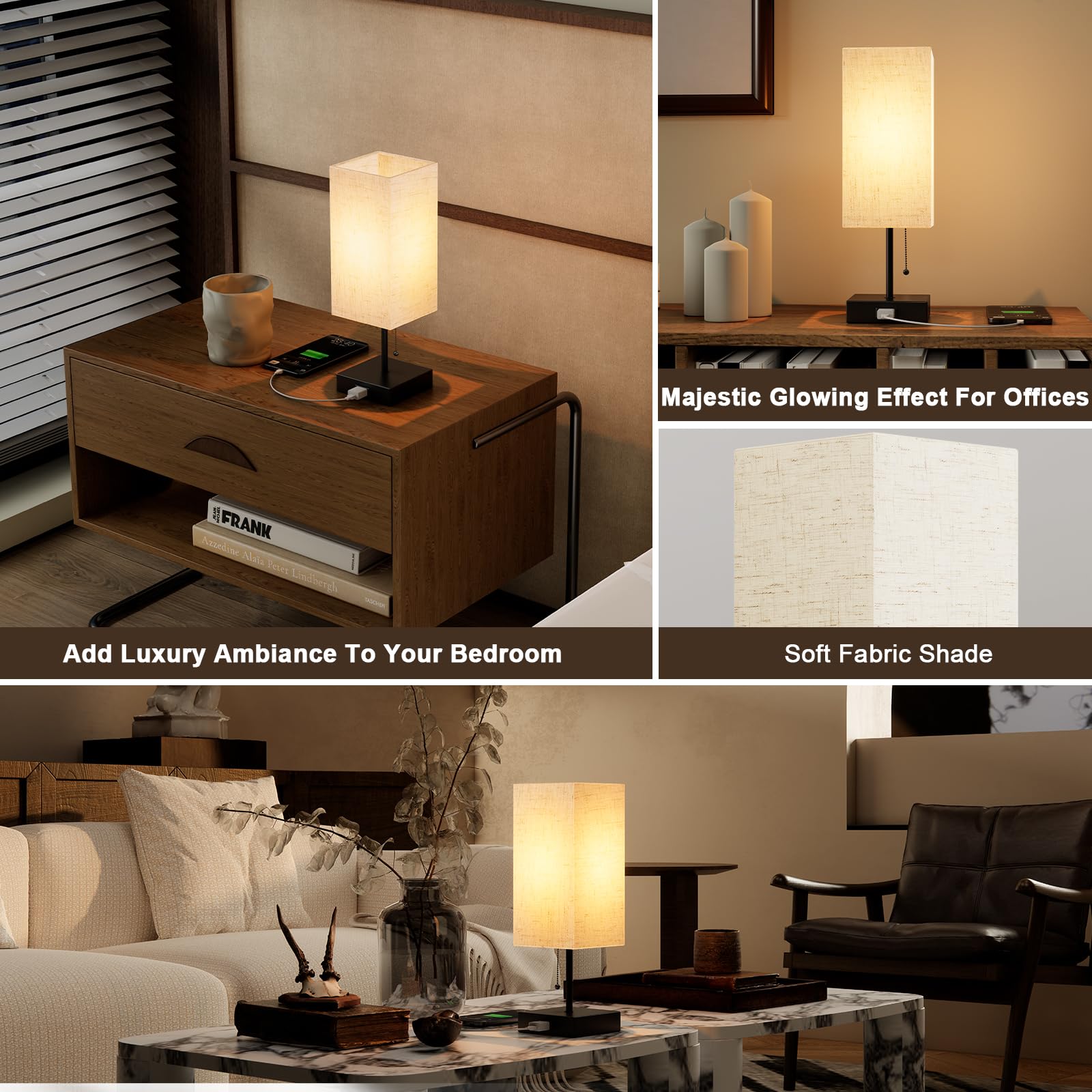YIDPU Table Lamp for Bedroom, Adjustable 3-Color LED Light, Linen White, 1PCS, Includes Bulb and Shade