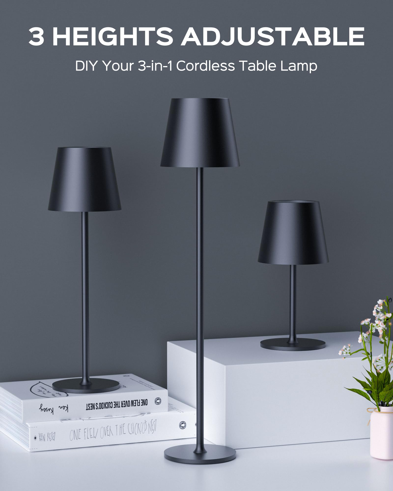 JACKYLED Cordless Table Lamps, Rechargeable, 3 Adjustable Heights, Waterproof, Metal, 2 Pack, Black, Model JKTL02-7005401A