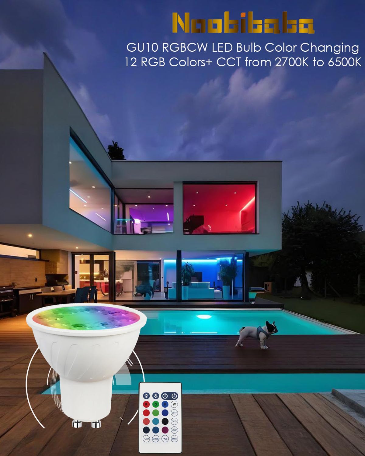 Noobibaba GU10 LED Bulbs 5W, RGB + Adjustable White 2700K-6000K, Aluminum, 3-Pack, Remote Control