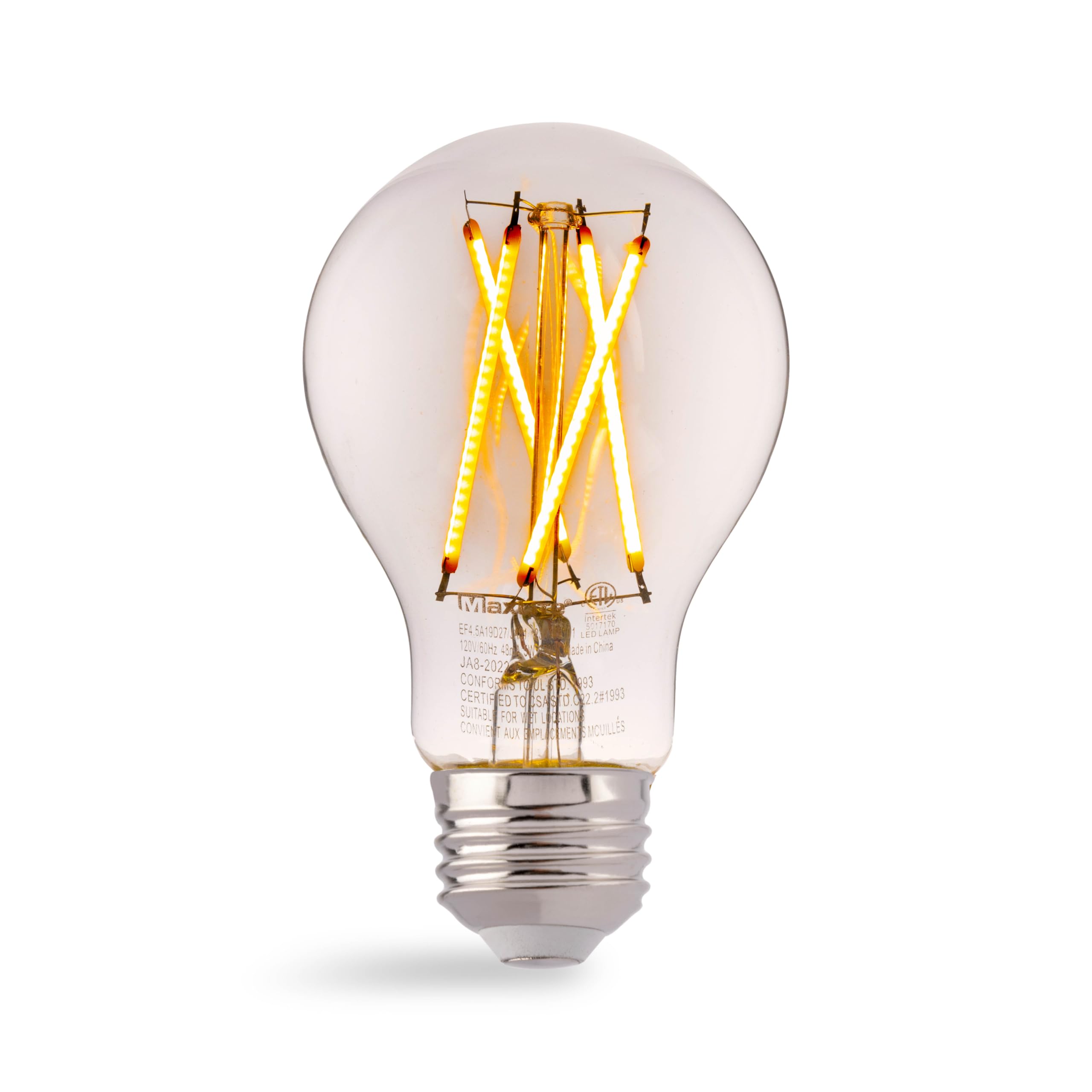 Maxlite Dimmable LED Bulb, 8.5W A19, 2700K Warm White, Clear Filament, 800 Lumens, JA8 Listed, Model EF8.
