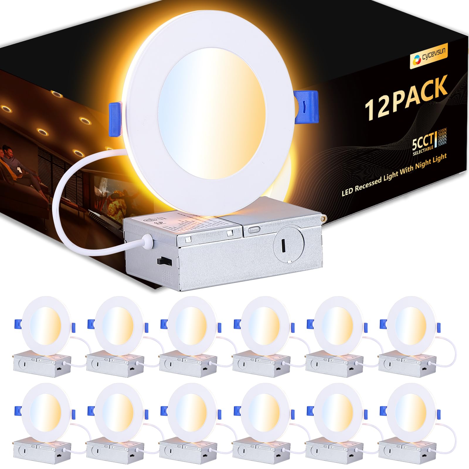 Cycevsun Pot Lights Led 4 Inch Recessed Lights With Night Light Mode, Dimmable & 2700K/3000K/3500K/4000K/5000K Selectable, 9W, Cetl, White, Ic Rated, 12 Pack