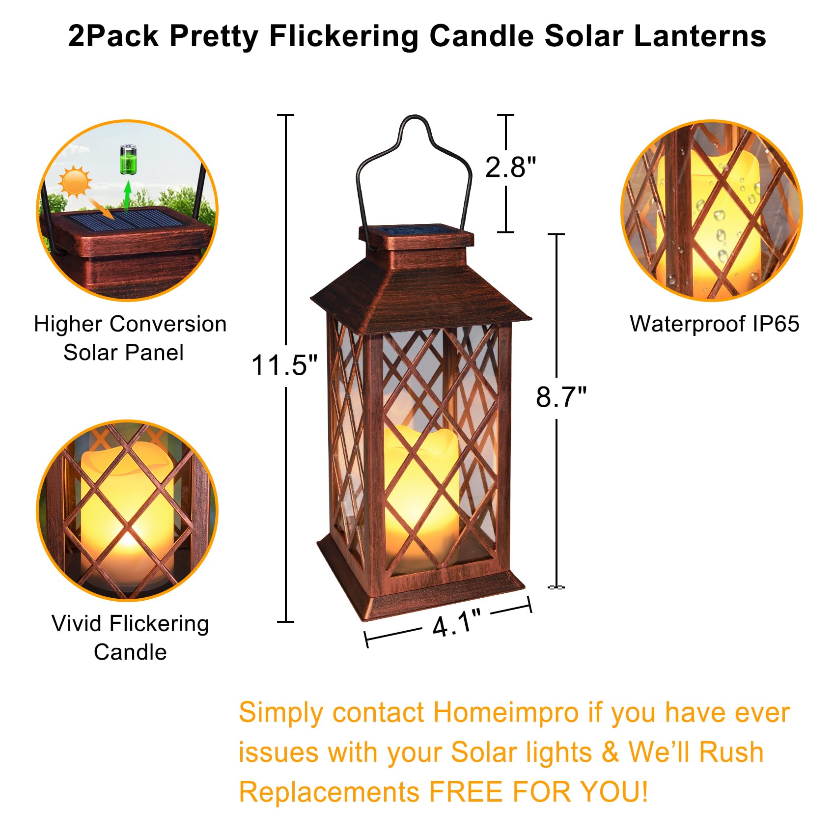 HOMEIMPRO 2Pack Solar Lanterns Waterproof Flameless Candle Lights 11in Medium Antique Copper
