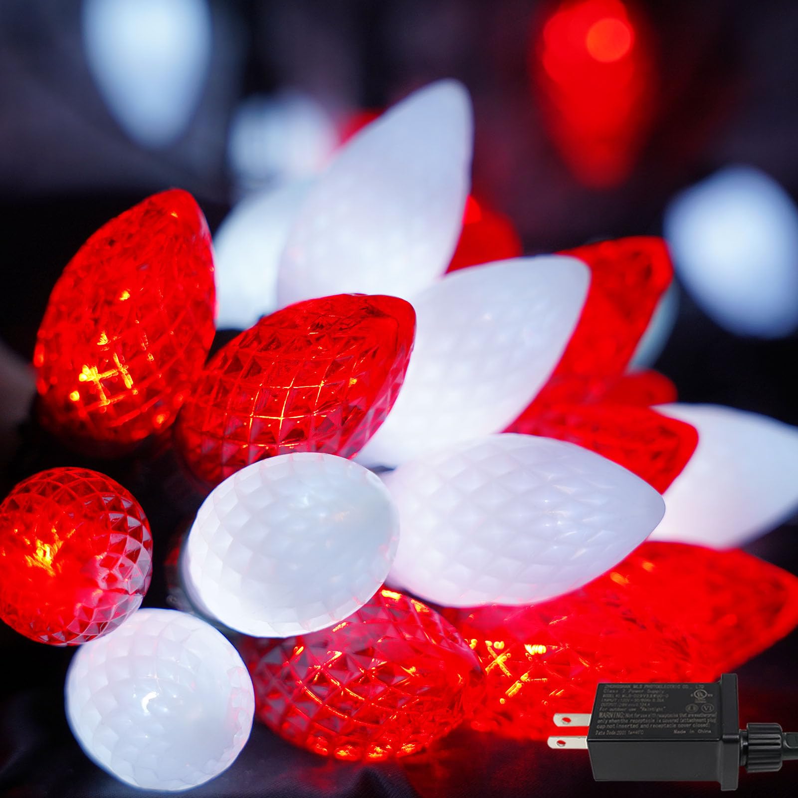 2-Pack Connectable Red And White C9 Christmas Led String Lights, Total 66 Ft 100 Led Christmas Lights Plug In With 29V Safe Adap