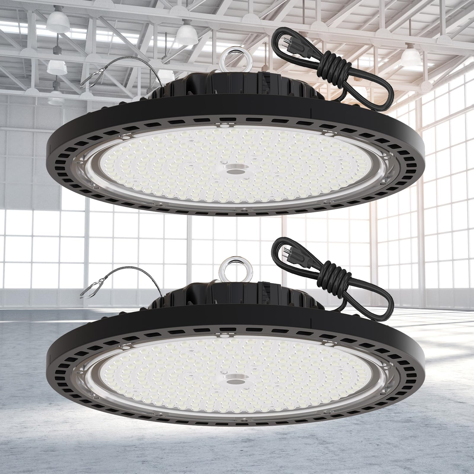 GGTH 2 Pack Super Bright LED High Bay Lights 150W, 21000LM UFO High Bay LED Shop Lights, IP66 Commercial Lighting Fixture, with 