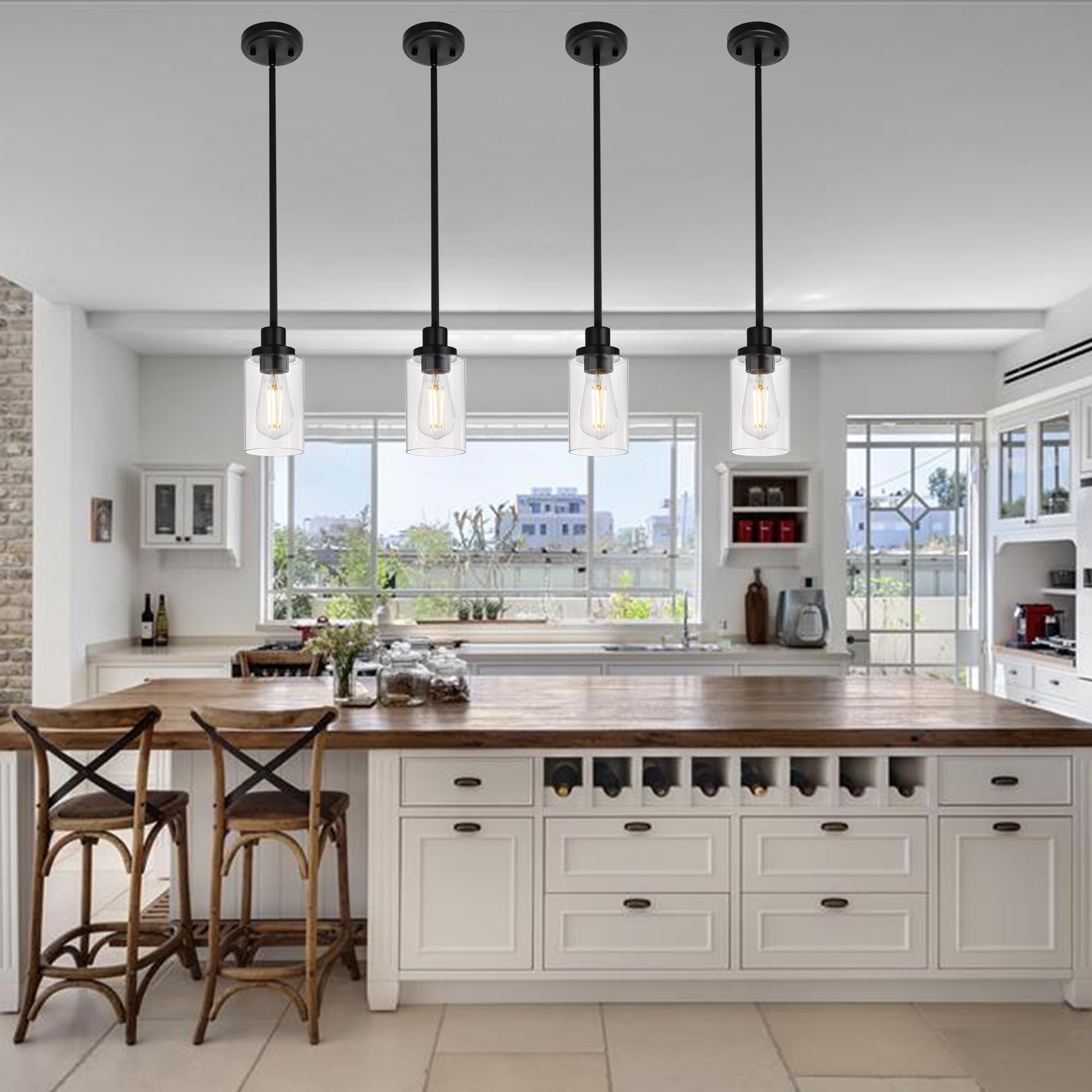Melucee Black Pendant Lights For Kitchen Island, 5-Light Dining Room Light Fixtures Linear Chandeliers With Clear Glass Shade, D
