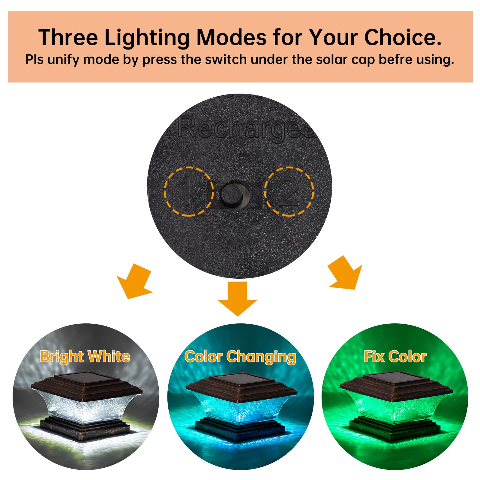 HUYIENO Solar Post Cap Lights LED 9 Light Modes 2pk Brushed Copper Model HY1238C-2