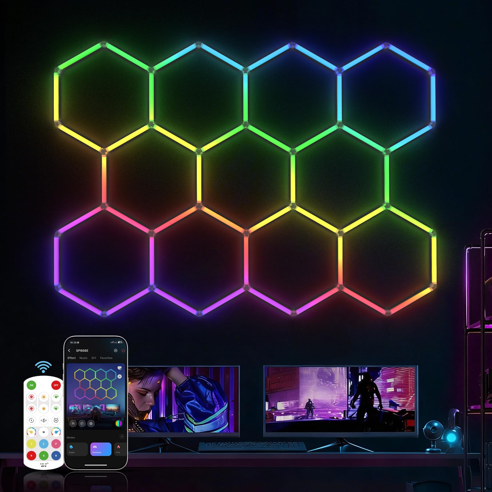 HYPERLITE Hexagon Garage Lights: Gen IV-11 Grid RGB Hexagon LED Lights with Music Sync Mode, App & Remote Control, Multi-Color H