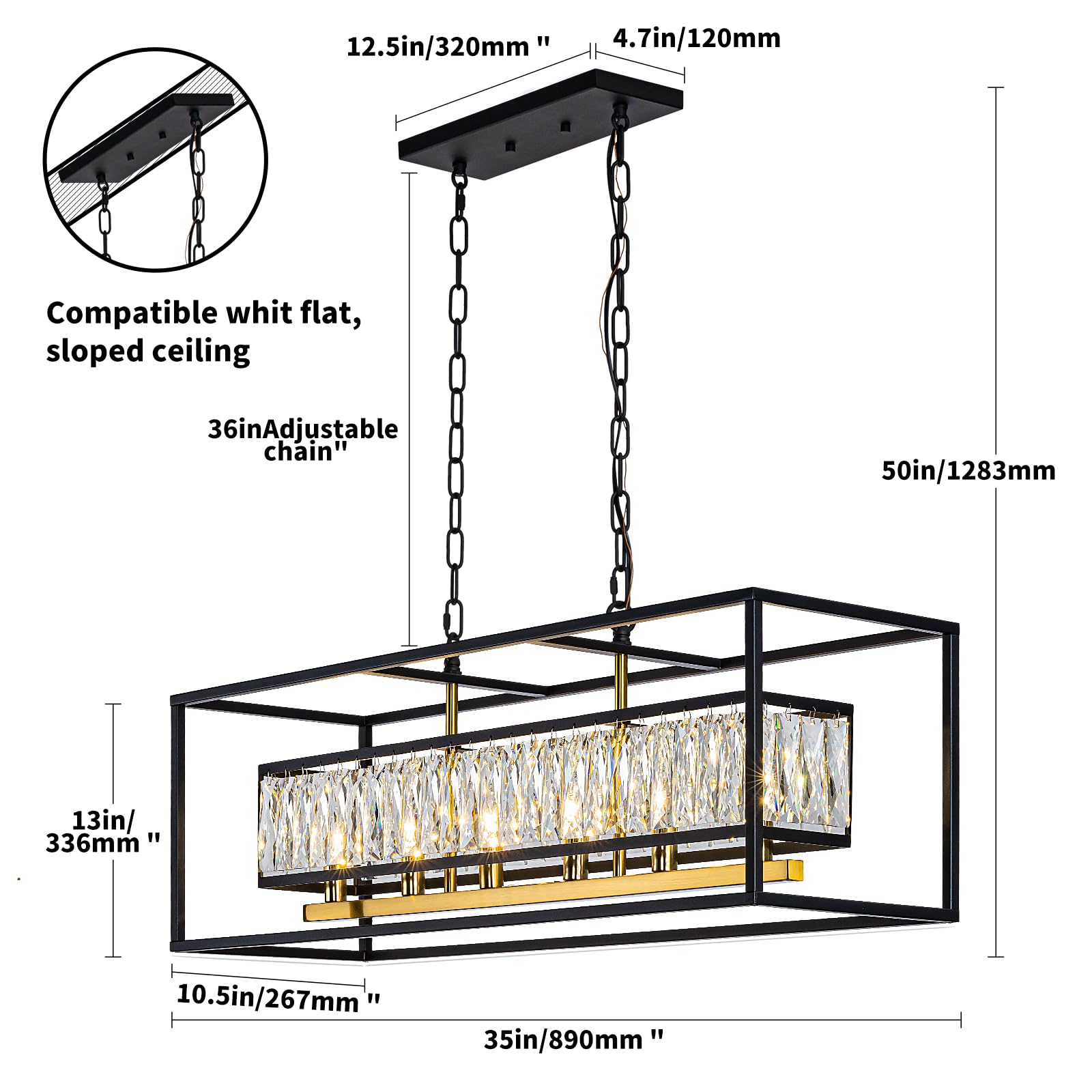 Vezzio Modern Farmhouse 6-Light Crystal Chandelier, Black & Satin Brass, Rectangular Pendant Light for Dining Room and Kitchen Island