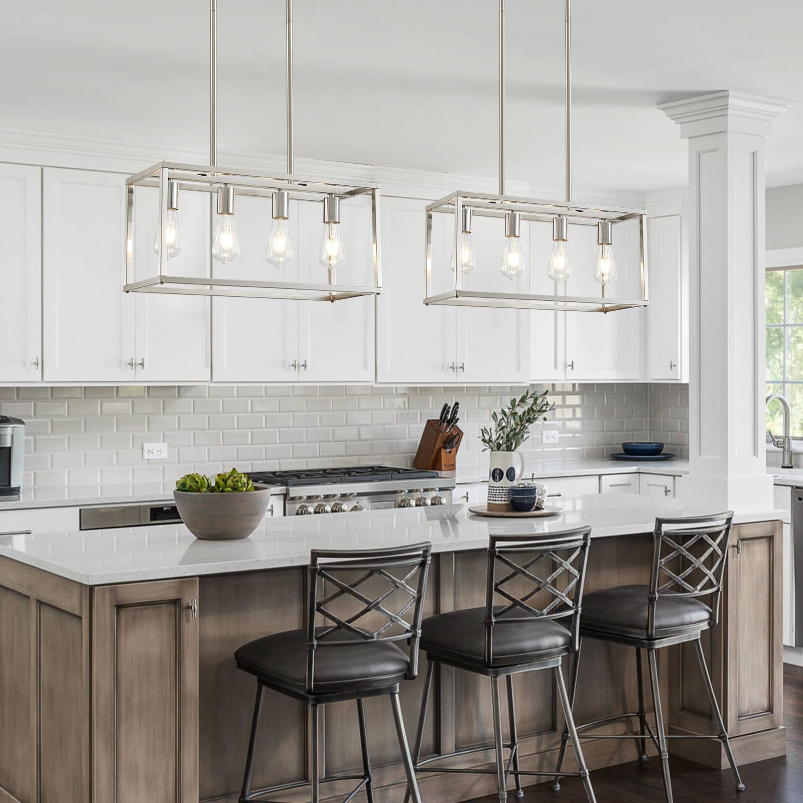 Lanhall 4-Light Farmhouse Chandelier, Brushed Nickel Metal, Adjustable Height, Rectangular Design