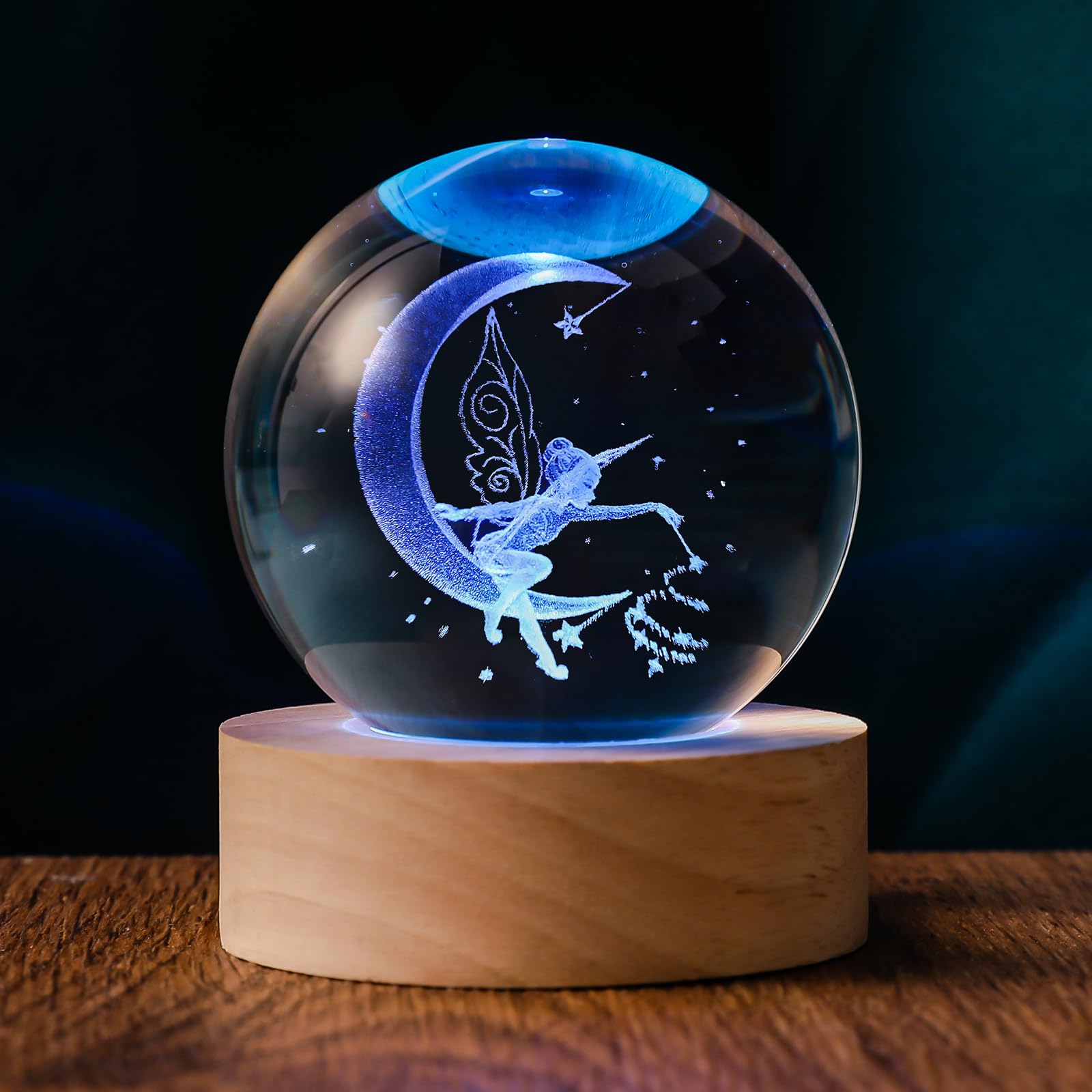 QIANRUNA 3D Moon Fairy 60mm Crystal Ball 3D Fairly Night Light Lamp Decor Gifts for Girls Women Her Girlfriend Kids Adults Fairy