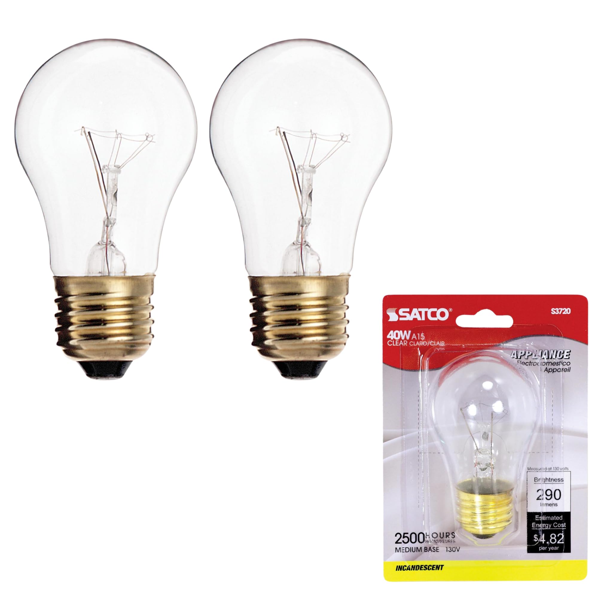 Satco S3720 A15 Incandescent Appliance Bulb, 40W, 130V/120V, E26 Medium Base, Clear Finish, Dimmable, 2500H Lifespan, 2700K Warm