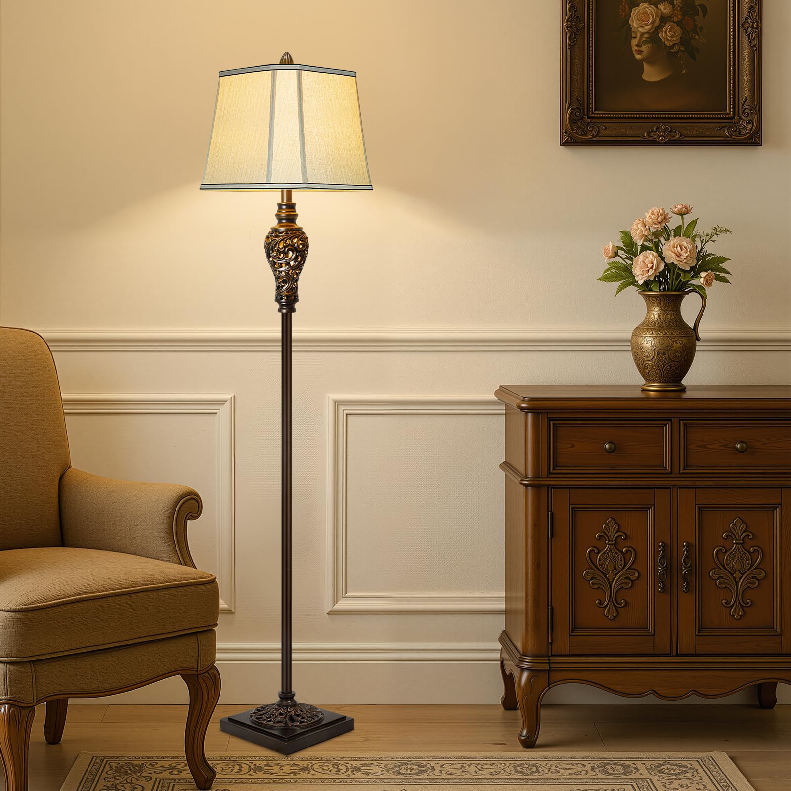 Vintage Floor Lamp With Night Light, 65'' Retro Standing Lamp With Brown Finish And Beige Faux Silk Shade, Farmhouse Industrial