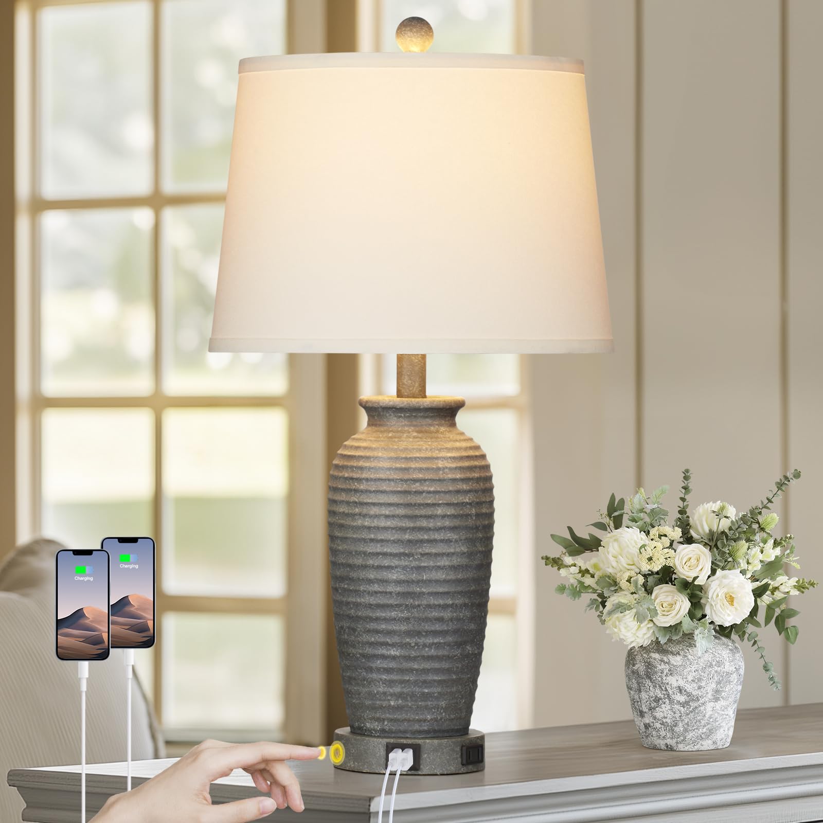 25 Farmhouse Jar Table Lamps, 3 Way Touch Control Rustic Bedside Lamps With Usb A+C Ports & Ac Outlet, Pot Nightstand Lamps For