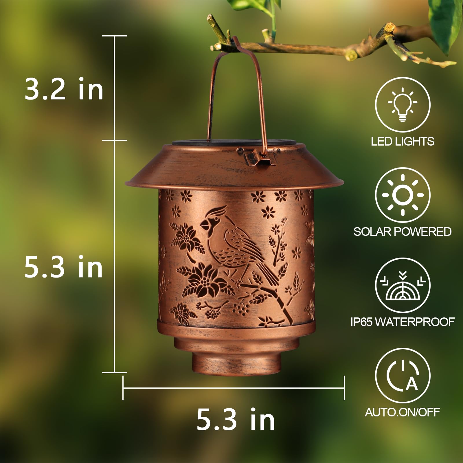 Outdoor Hanging Solar Lantern Waterproof Outside Metal Openwork Cardinal Pattern Landscape Lights For Porch Garden Yard Patio Pa