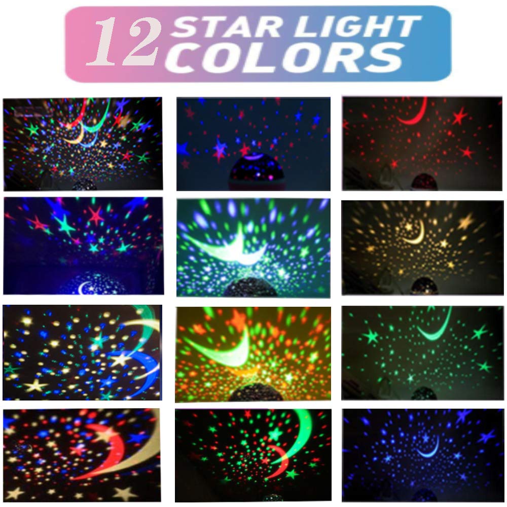 Borelor Star Night Light for Kids - 12 Color Changing Modes, 360° Rotating Moon & Star Projector, USB Cable, 3 Piece Set, Red