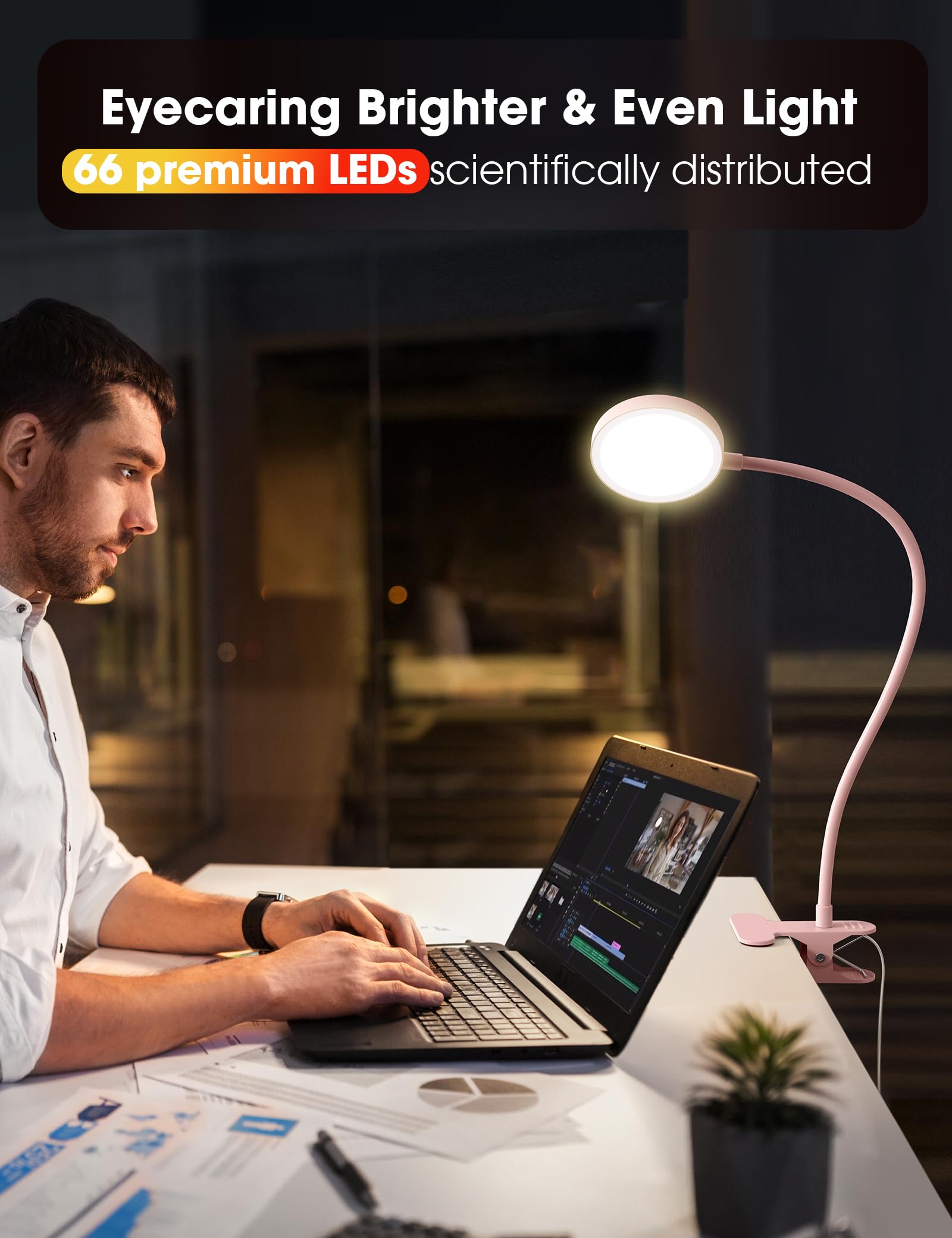 LiFMIRA Desk Lamp Clip on Light 8W 66 LED, Eye Caring Metal, 10 Dimming Levels, Pink, Model YUPK10