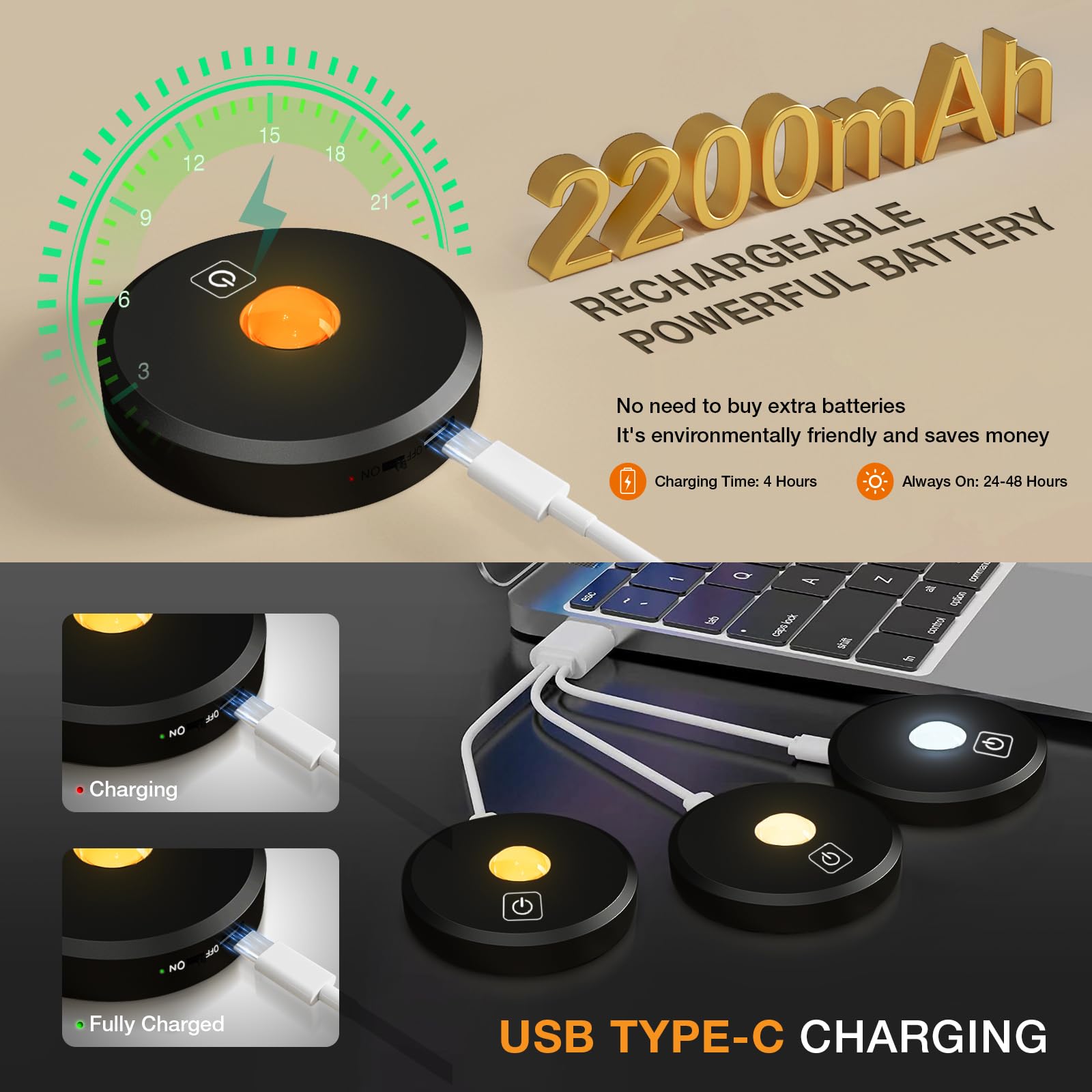 MICLIONLED Cordless Puck Lights with Remote Control, Dimmable 3 Color Temperatures, Rechargeable 2200mAh, Black, 5PCS