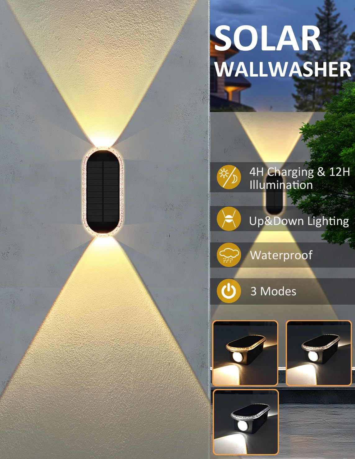 BlueYang Solar Fence Lights, 3 Modes, Waterproof, 4PK, Dual-Head, 3000K/4000K/6000K, Model 2403-4pk-W