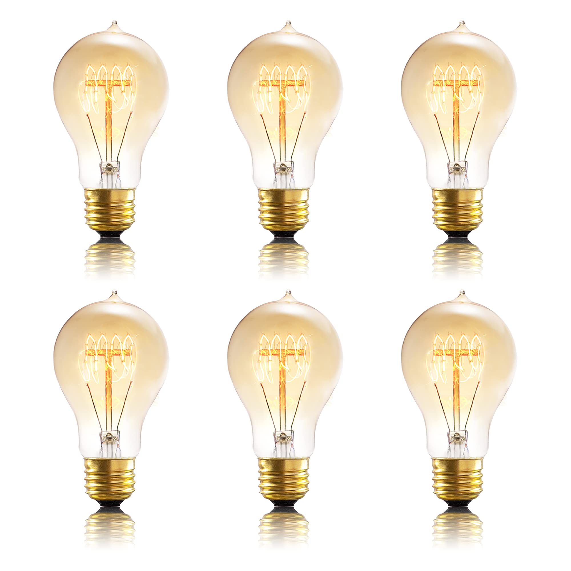Figame A19 Edison Bulb Pack 6, 60W 120V Dimmable 2200K Warm Yellow E26 Base, Antique Retro Style Old Style Incandescent Bulb, Am