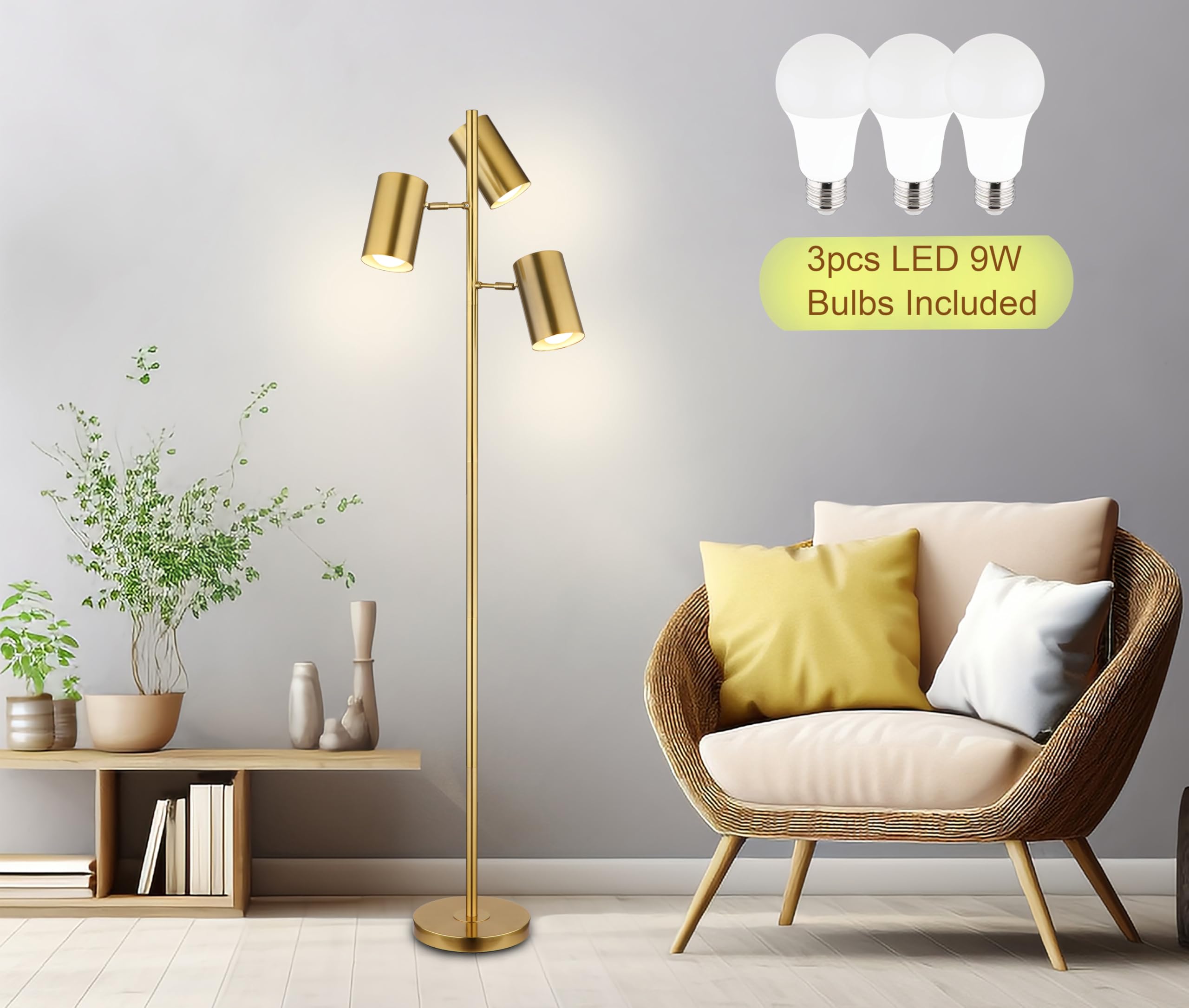 Tree Floor Lamp With 3 Light Bulbs,Gold Standing Tall Pole Lamp With 3 Adjustable Rotating Lights,Farmhouse Floor Lamp For Living Room Bedroom Office,Vintage Standing Lamp 9W E26 Led Bulbs Included