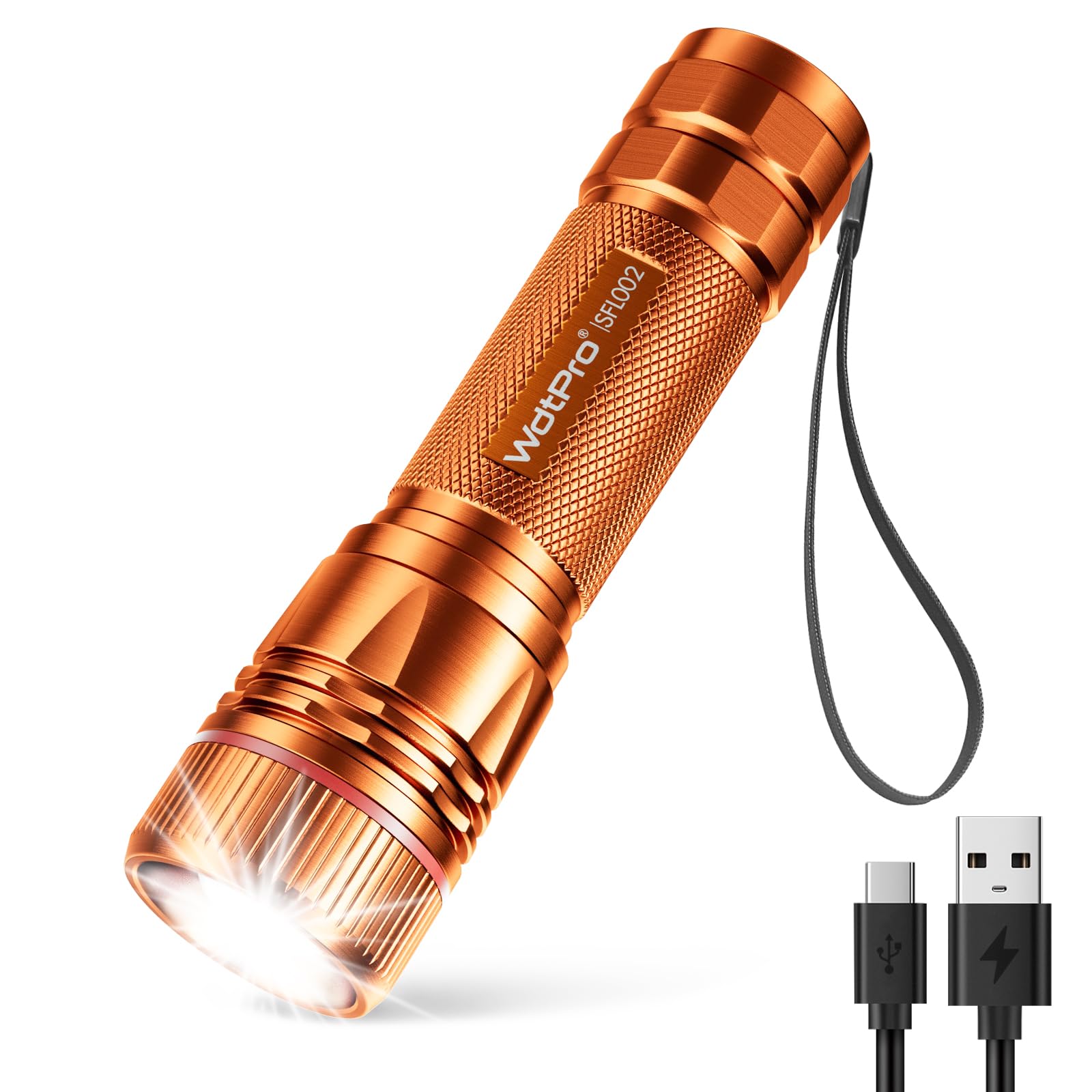 WdtPro Rechargeable LED Flashlight, 10H Battery Life, Mini Tactical, 1 Pack, Orange, Aluminum, Model SFL002