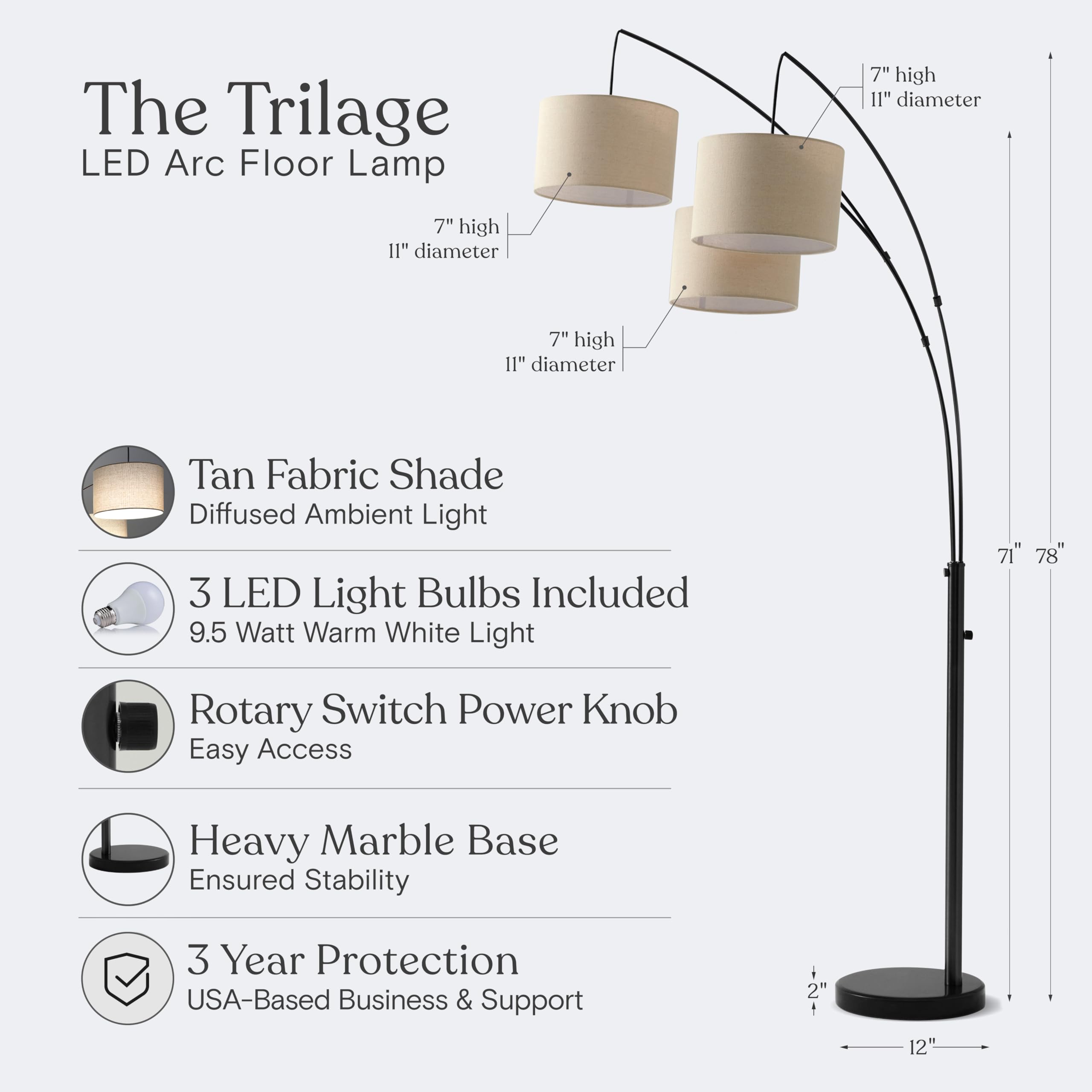 Brightech Trilage Arc Floor Lamp - Multi Head Black Tree Lamp for Living Room & Bedroom, Model 3Y-7I6N-JPOQ