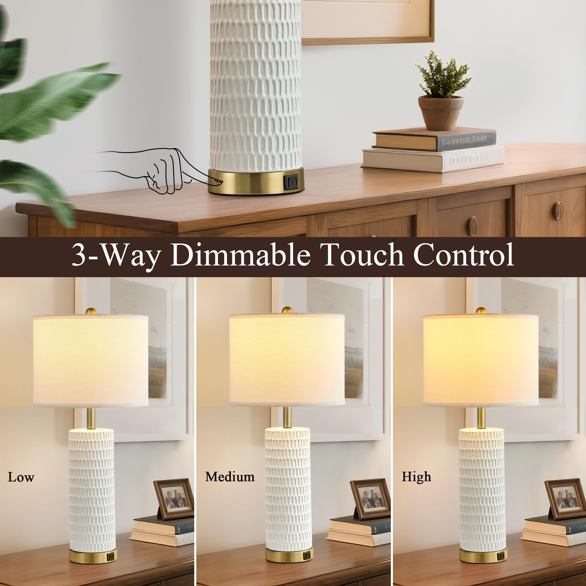 Reaketon 26.5" Ceramic Table Lamps Set of 2, Touch Control, 3 Way Dimmable, White Shade & Gold Base, Model 22102-1T PGD