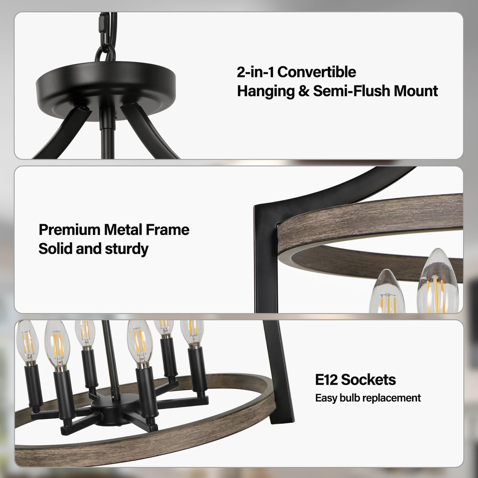 WBinDX 6-Light Farmhouse Chandelier, Metal & Faux Wood, Black, Model WB128M-6BW, Rustic Pendant Lighting for Dining Room & Kitchen