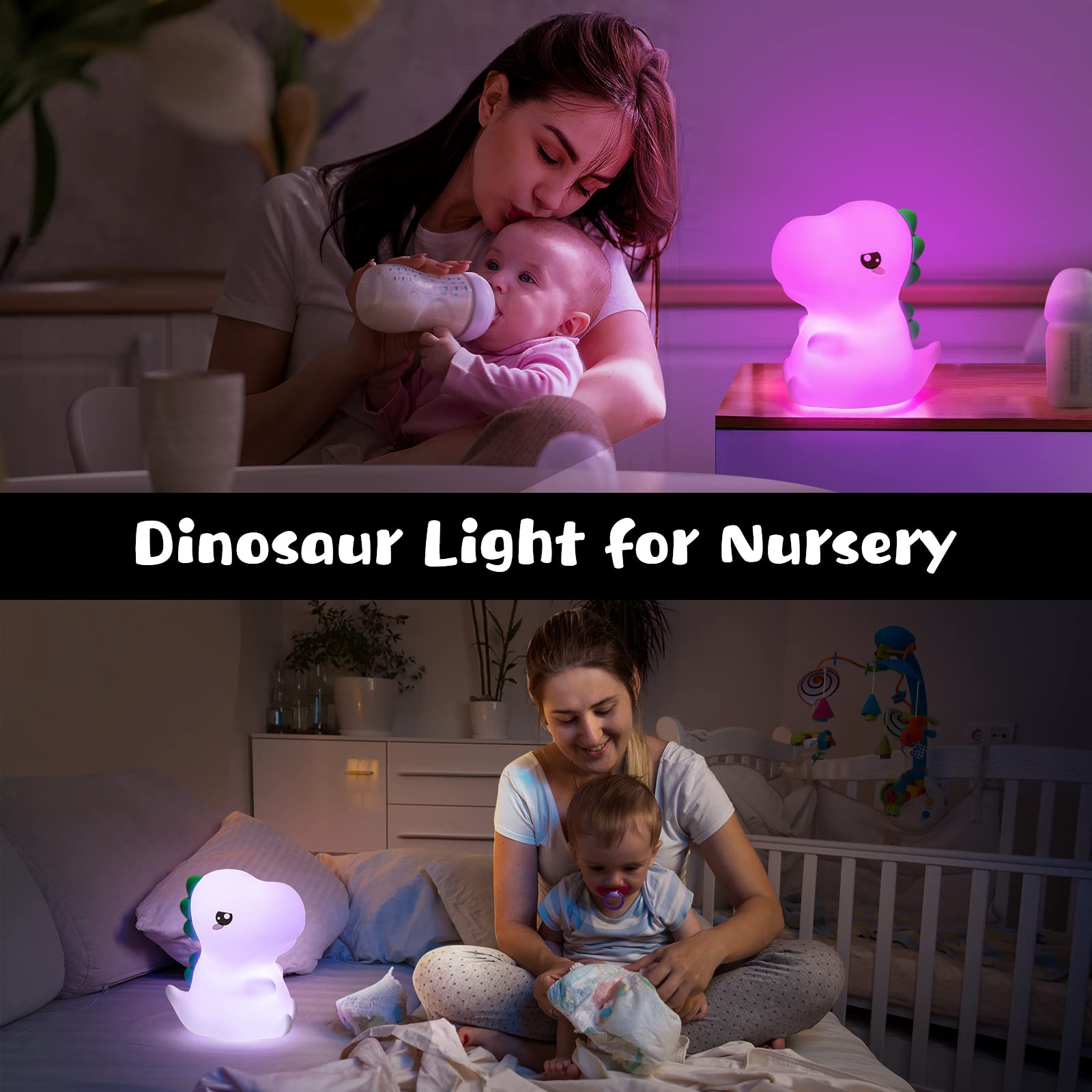One Fire Dinosaur Night Light - 16 Color Changing Silicone Lamp for Kids Room, Portable Baby Nightlight, Dino Design