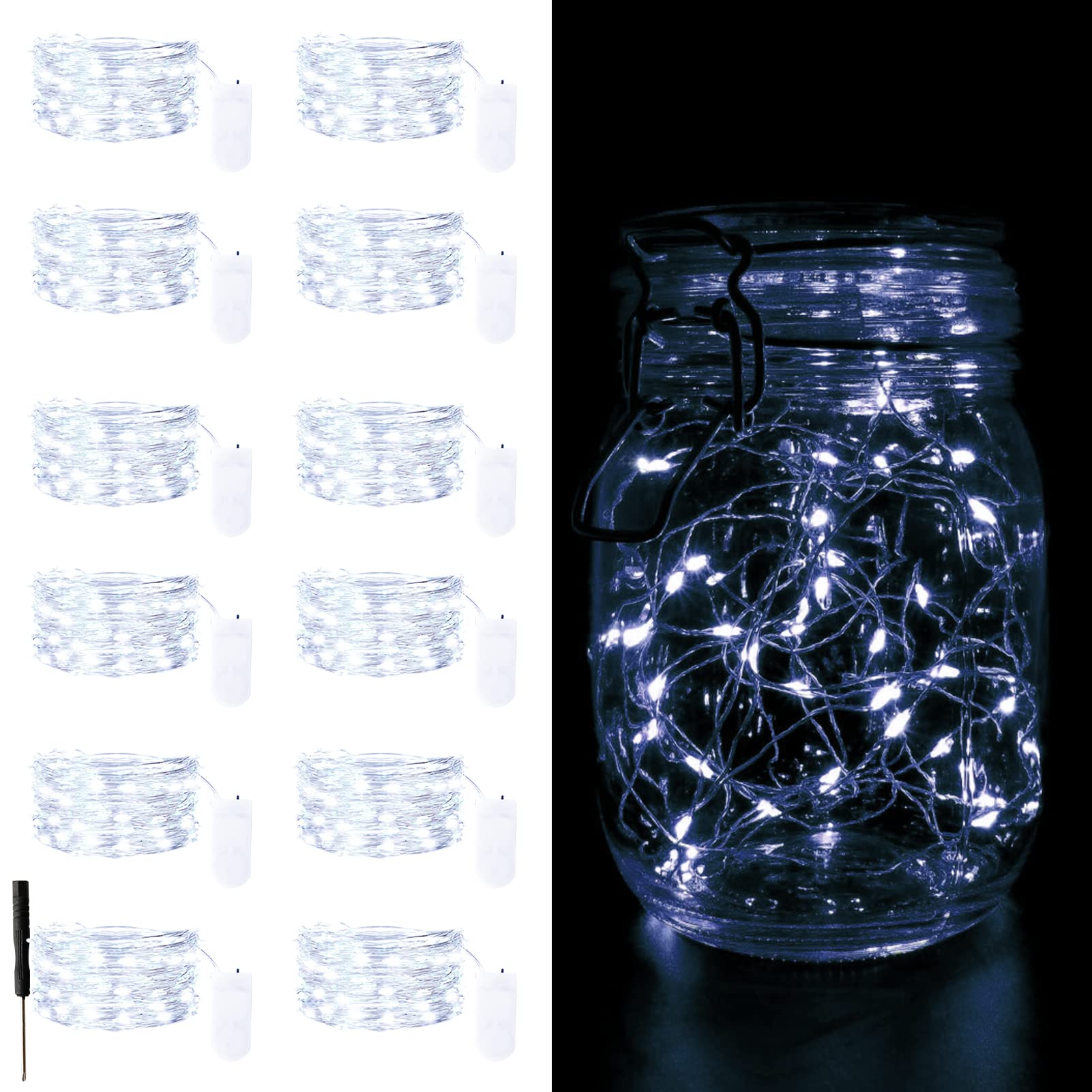 Camantu 12 Pack Led Fairy Lights Battery Operated, 7Ft 20Led Valentines Day Lights Battery Operated Waterproof Silver Wire For Diy Bedroom Party Birthday Wedding Christmas Decorations(Cold White)