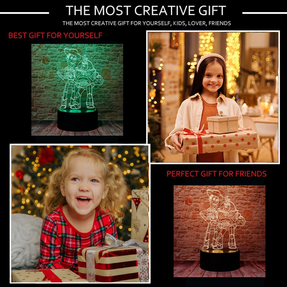 Junnire 3D Optical Illusion Led Lamp - Woody & Buzz Lightyear, 7 Colors, Kids' Bedroom Decor