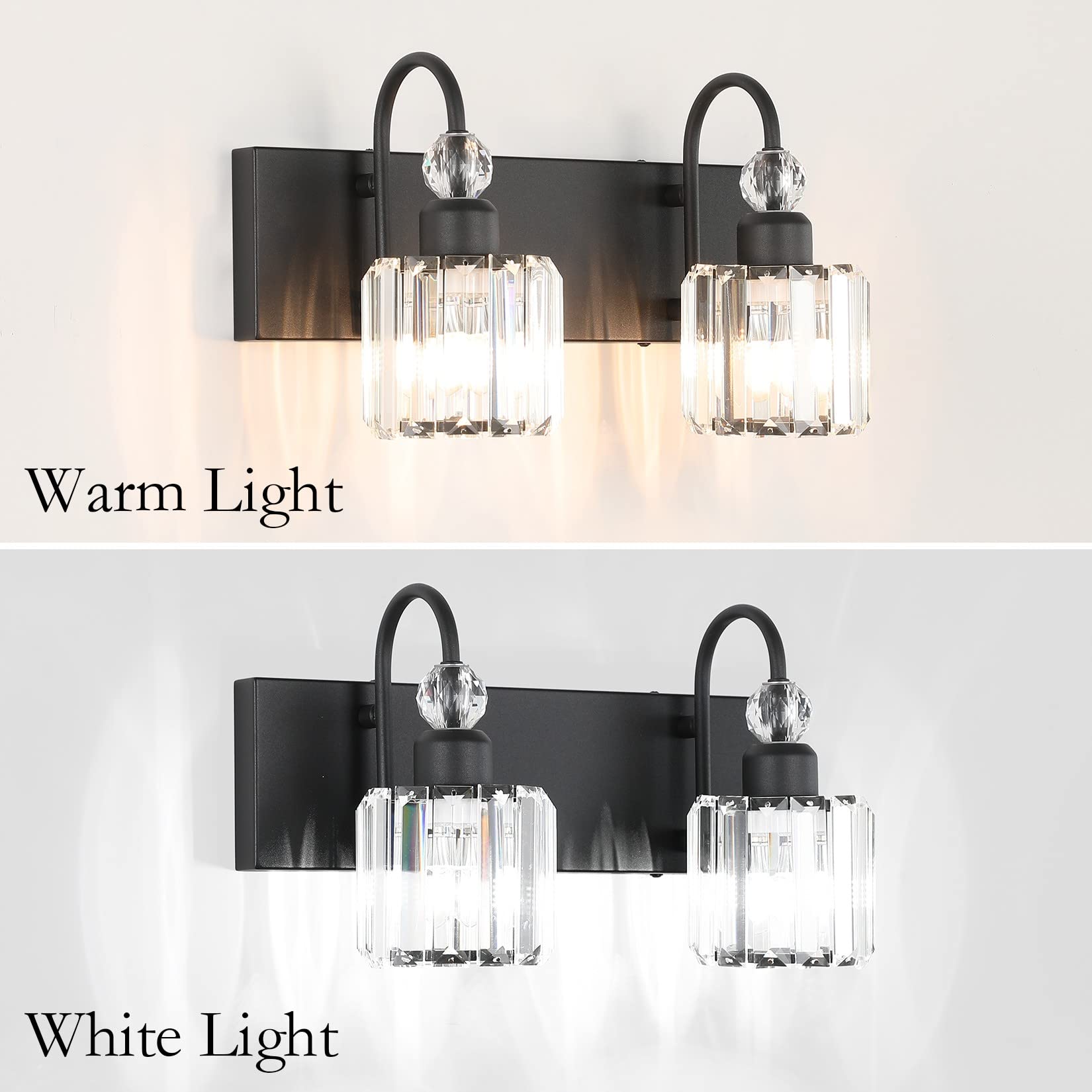 Ralbay 2-Light Vanity Light, Modern Crystal Wall Fixture, Matte Black, Model 8600, Round-Black Metal Bathroom Lighting