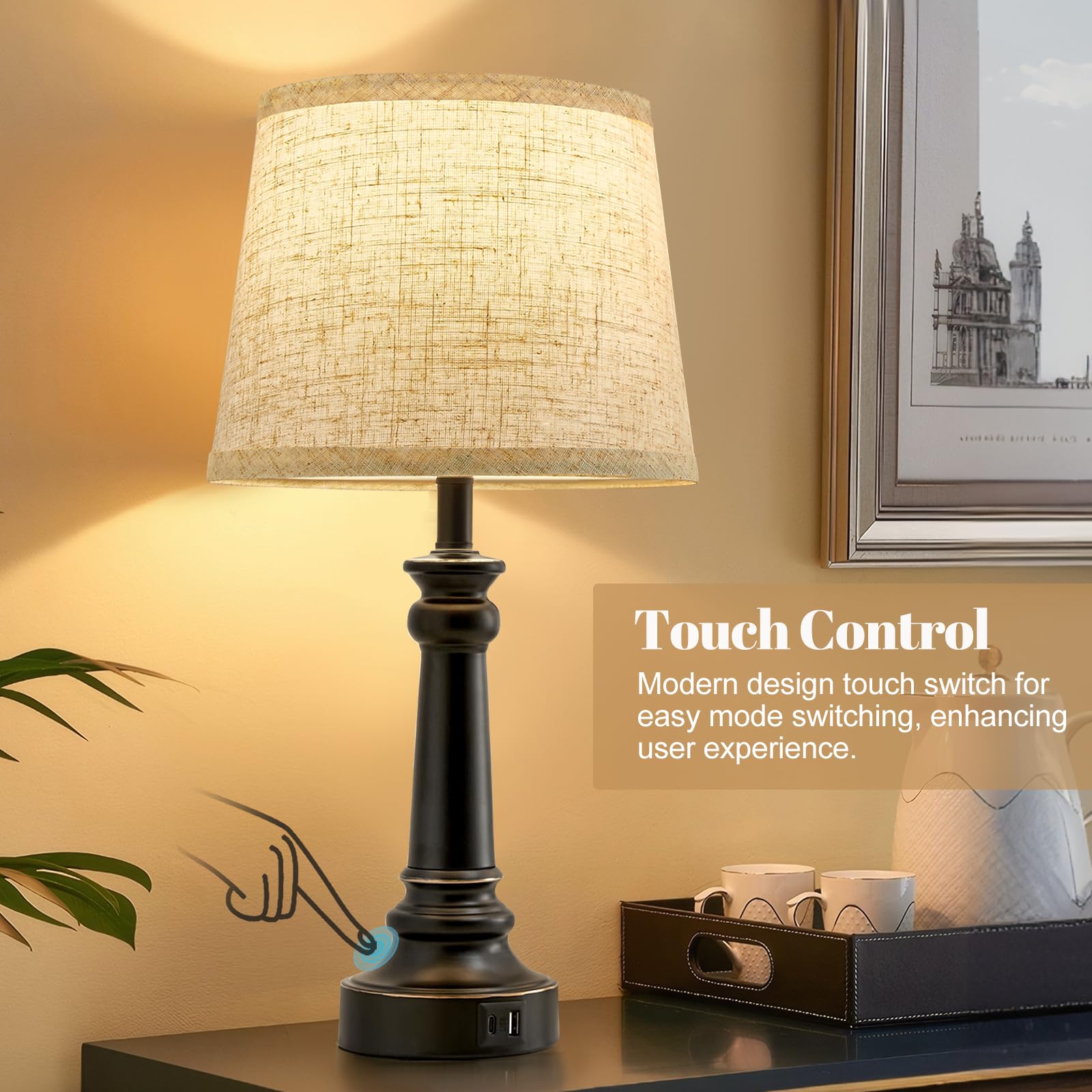 Ejiaxin Touch Lamps For Nightstand Set Of 2 - Black Table Lamp For Bedroom 3 Way Dimmable Bedside Lamp With Usb C+A Ports - Lamp