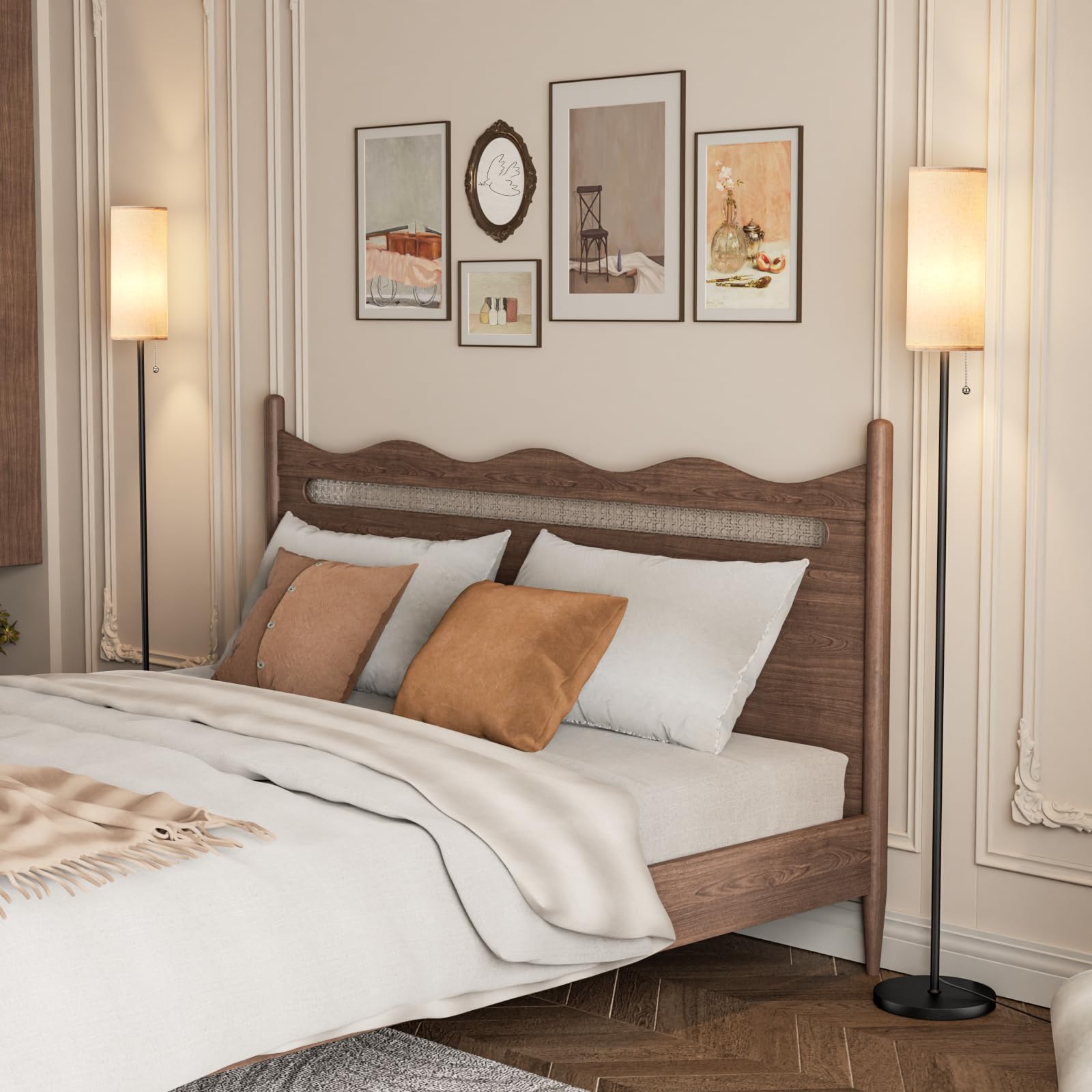 Ambimall Floor Lamp Set of 2, 64in Metal Standing Lamp with Linen Shade, Beige & Black, Model RPT-ZGB20210