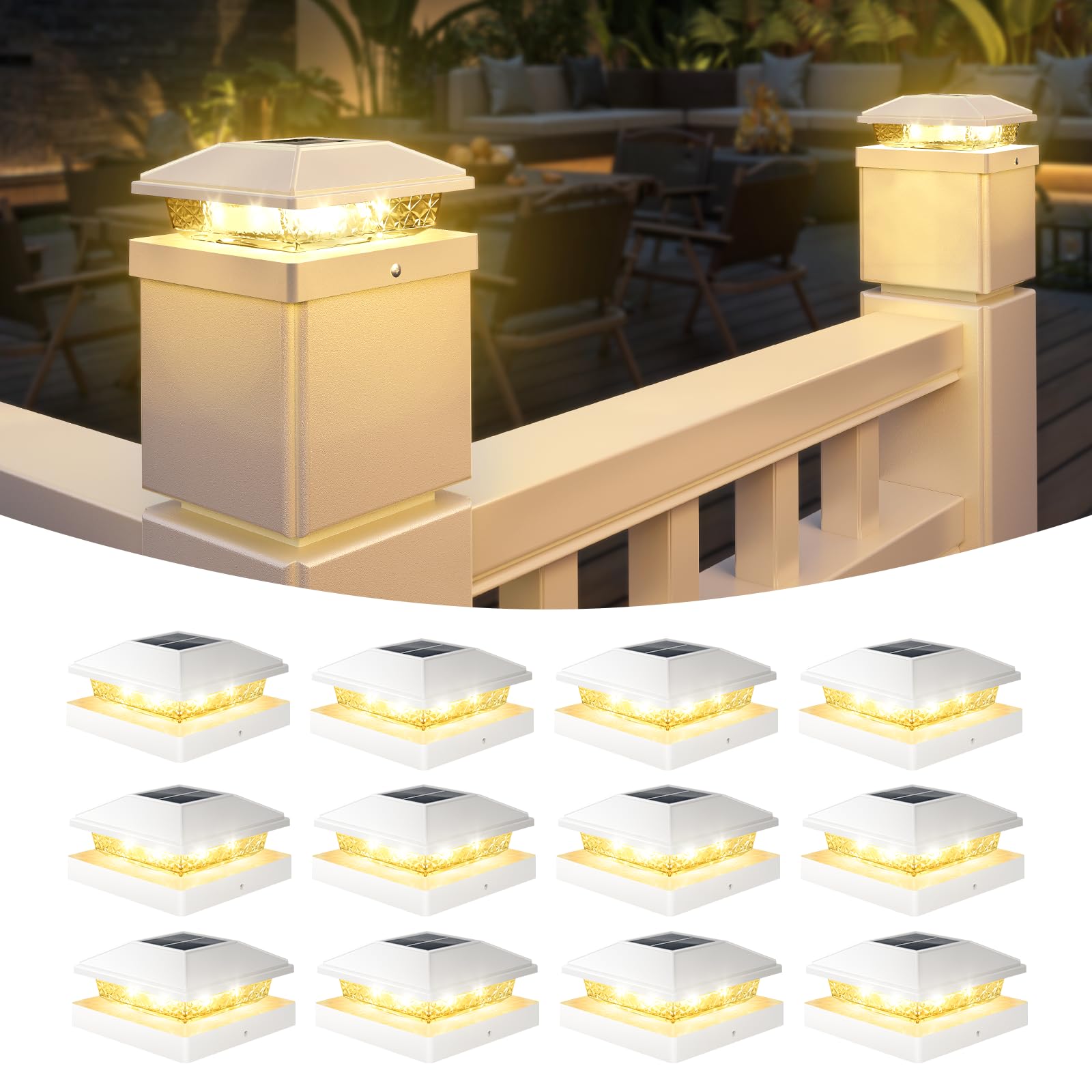 VOLISUN 4x4 Solar Fence - Post Lights 12pack, Post Cap Light Outdoor Waterproof, Whtie Deck Cap Light Solar Powered with Warm Wh