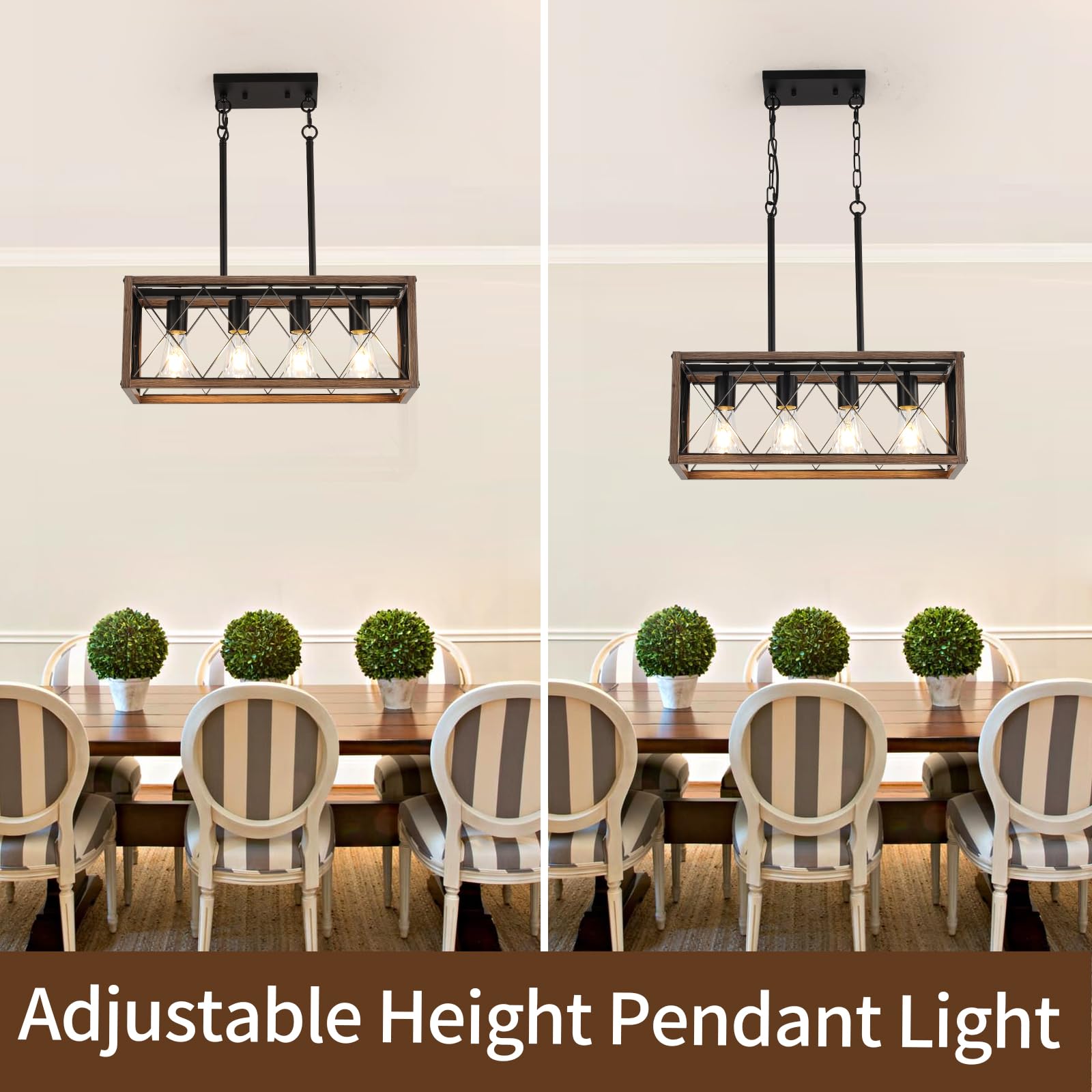 KEESFU 4-Light Rustic Linear Chandelier, Adjustable Height Metal Pendant Light, Wood Grain Finish for Kitchen & Dining Room