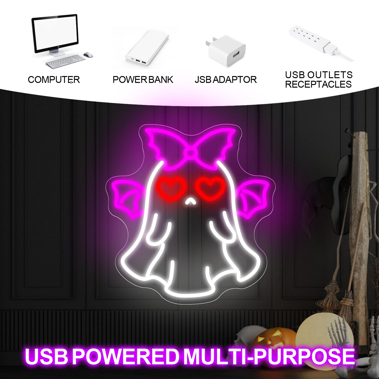 Bat Ghost Neon Sign Spooky Halloween Neon Decor Gothic Style For Halloween Decor Unique Gift For Kidroom Decoration Funny Bedrooms Wall Art Party  14.2X13