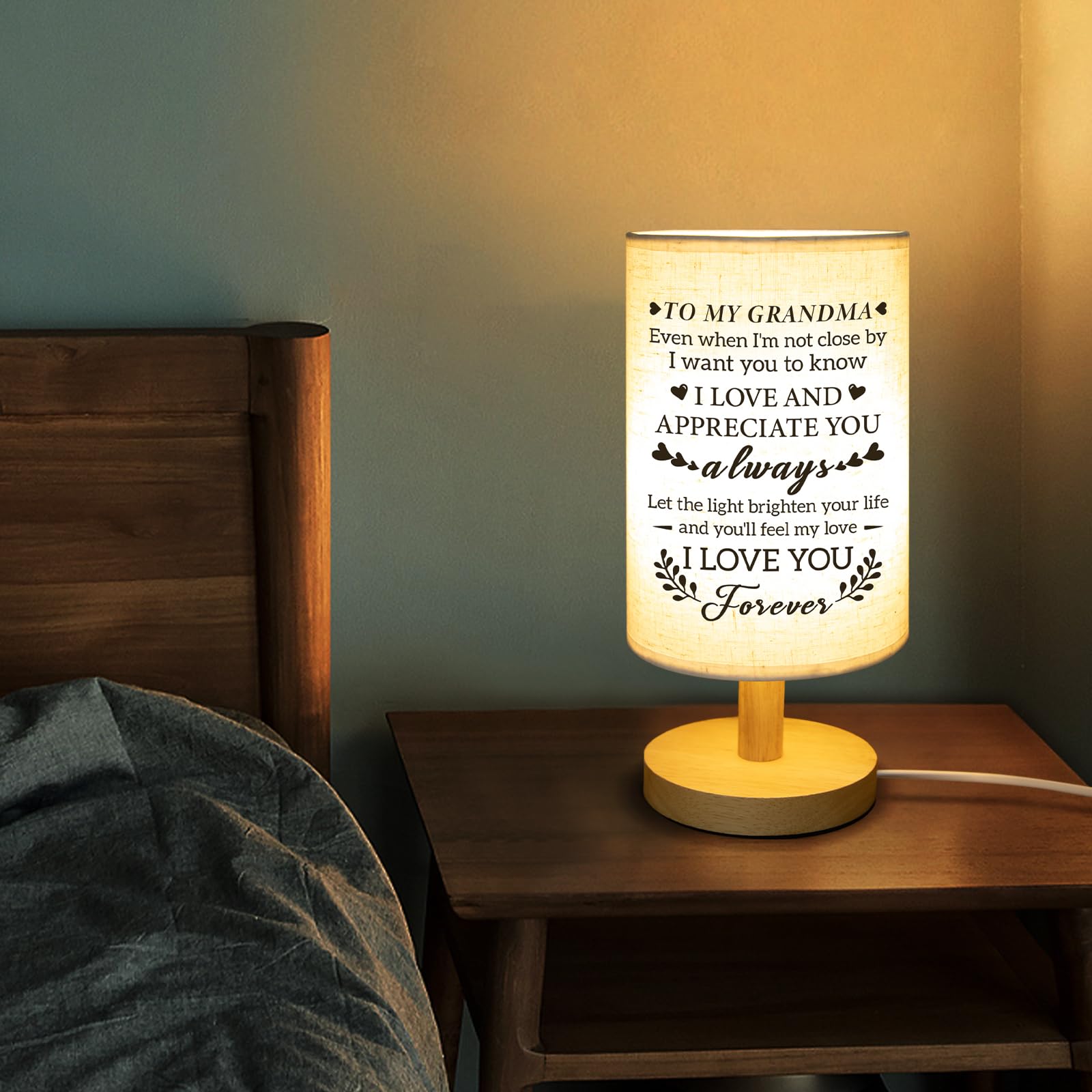 Calibron Table Lamp for Grandma - Unique Birthday Gift with Wooden Stand, White Fabric Shade, Model KKJJ04331