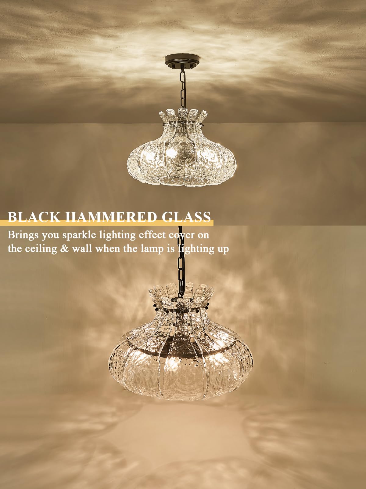 Poemoon 6-Light Black Glass Chandelier, 15.7" Water Ripple Pendant Lighting for Dining Room, Kitchen, Entryway, Model P52-400B1