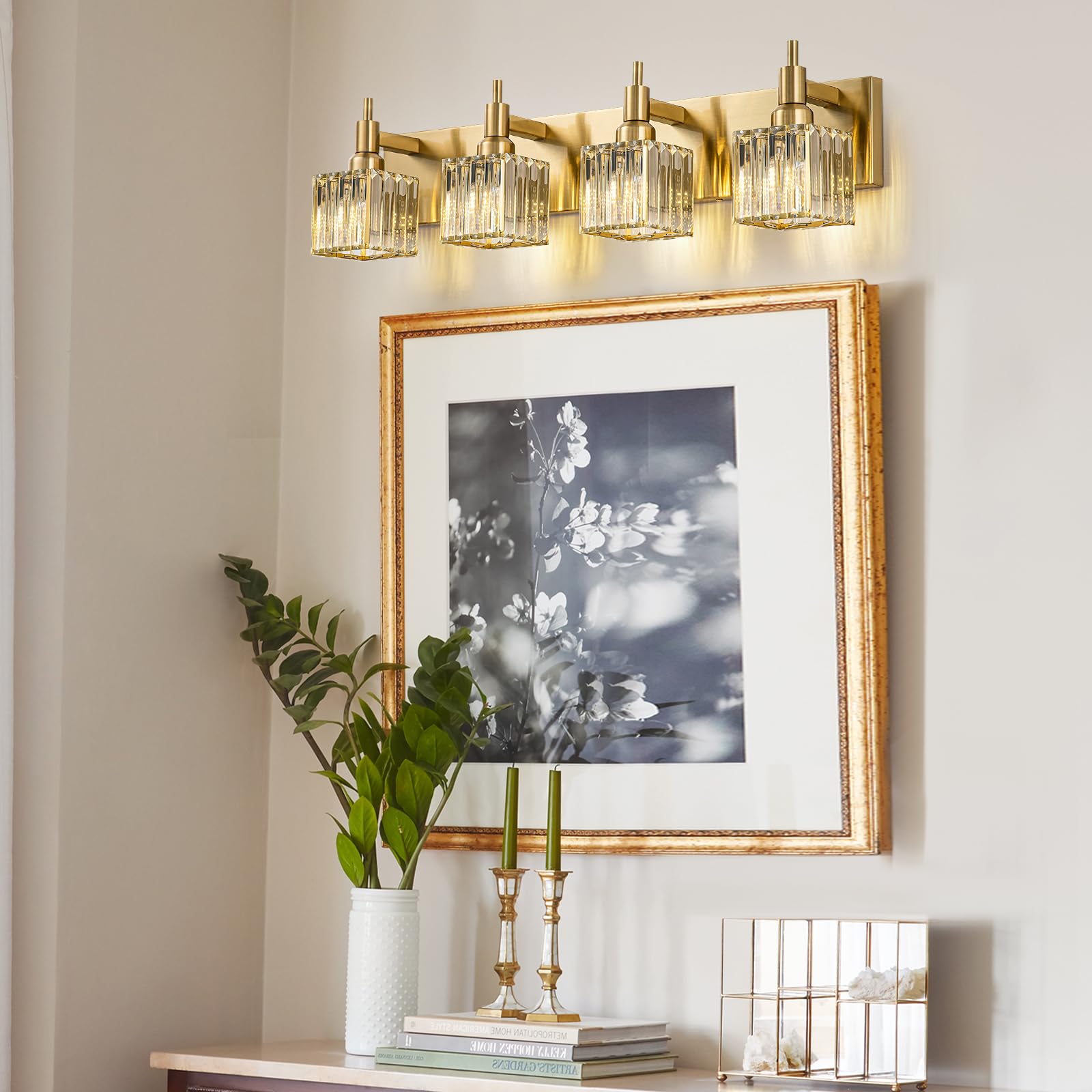 Huoku Gold Bathroom Vanity Lights, 4 Lights Crystal Bathroom Lighting Fixtures Over Mirror Modern Gold Crystal Bathroom Wall Lig