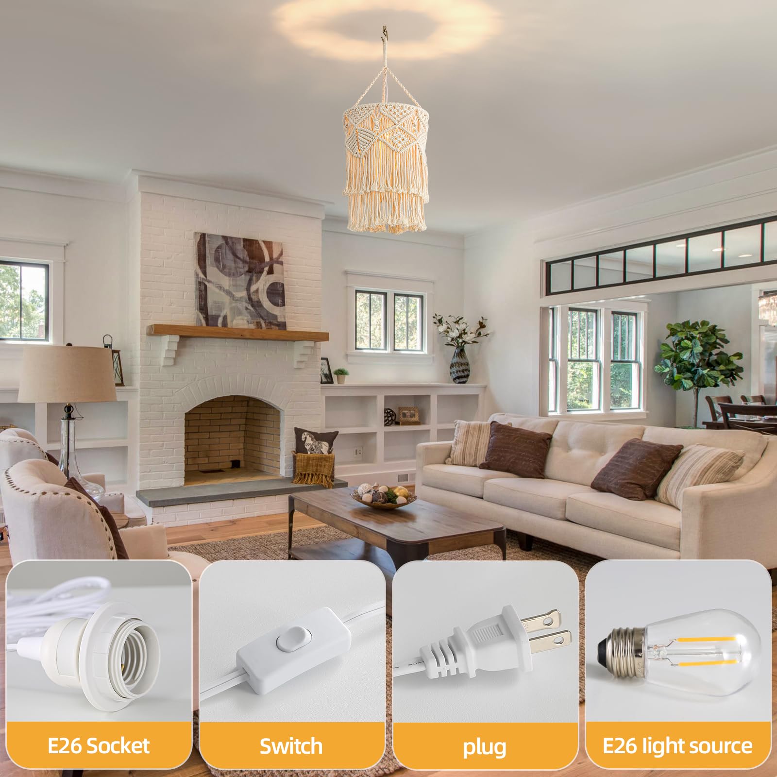 Bioaqua Boho Lamp Shade,Boho Hanging Lamp Handmade Macrame Lamp Shade Plug In Pendant Light,Bohemian Hanging Lights With Plug In