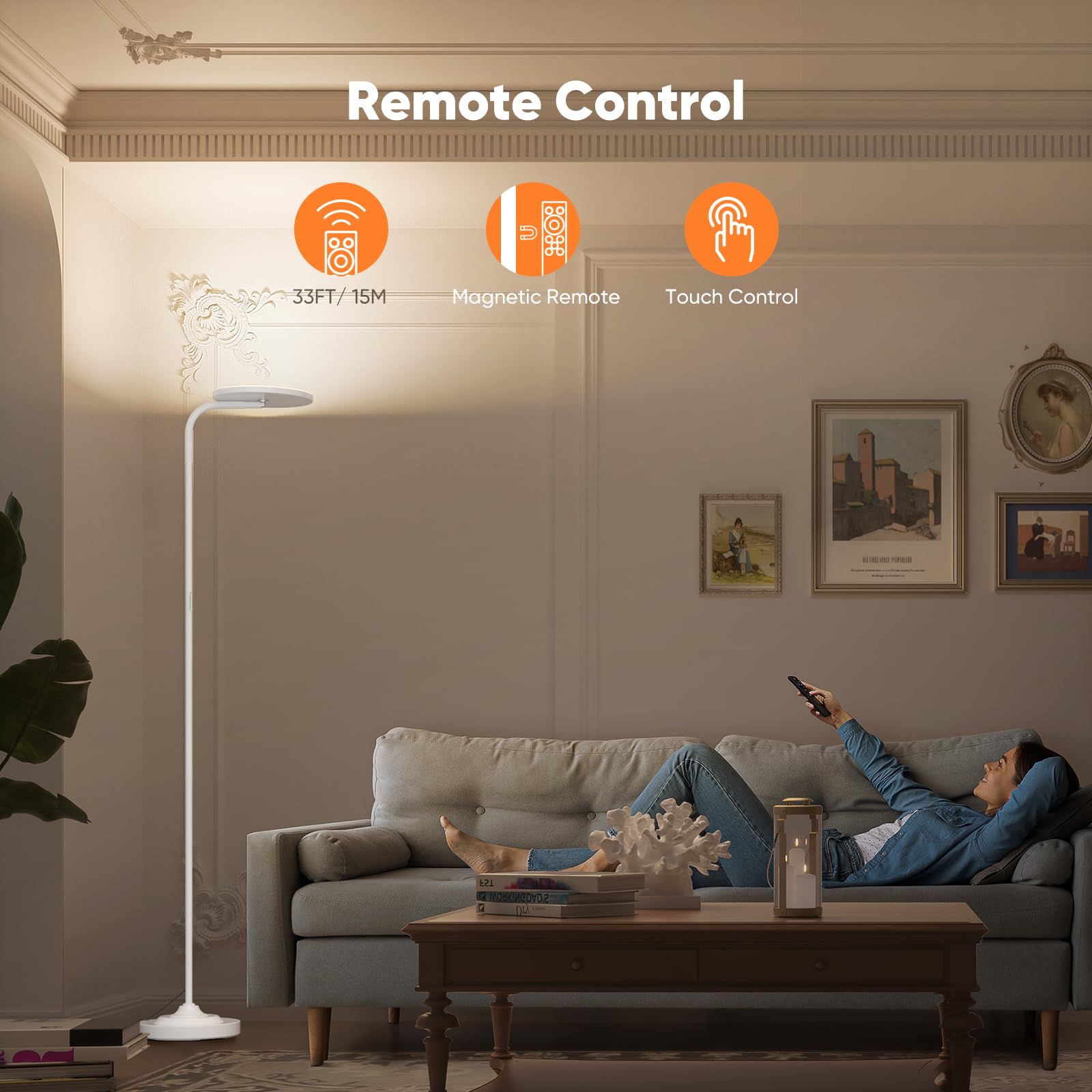 SIBRILLE 36W LED Floor Lamp - Super Bright, Dimmable Torchiere with Remote Control, 350° Rotating Head, Modern Design, White
