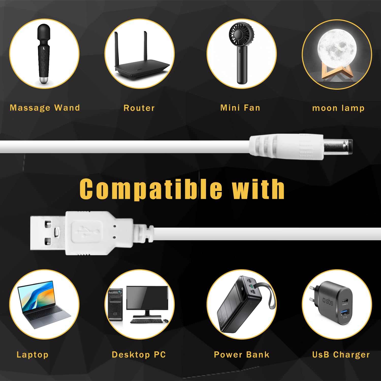 5V Dc Power Cord Replacement Charger, Usb To Dc Plug Charging Cord With 9 Connectors Adapters For Moon Lamp, Massage Wand, Router, Led Light,Speaker And More Devices (White)