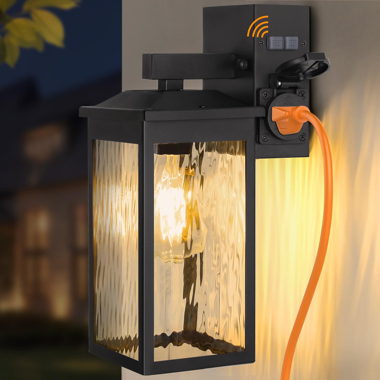 Porch Lights with GFCI Outlet  Dusk to Dawn Outdoor Wall Lighting with Water Rippled Glass Shade  Waterproof Exterior Light Fixture Black Outside Lights for House Front Door Garage Patio (E26 Base)