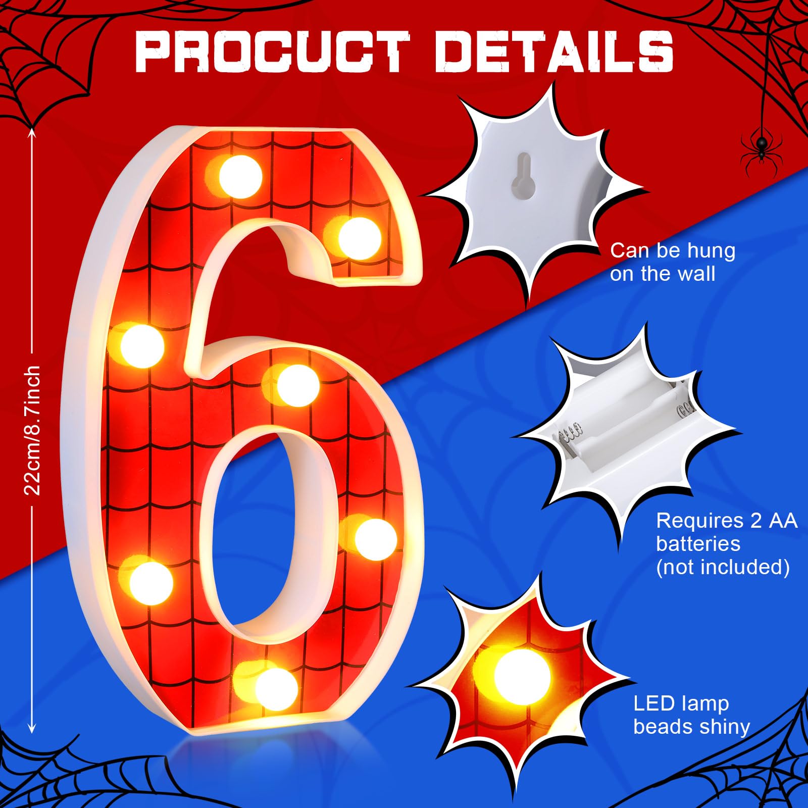 Vihose Spider Led Number Lights Spider Birthday Party Decoration Light Up Numbers Kids Boy Man Birthday Supplies For Marquee Night Christmas Gift Baby Shower(Number 6)